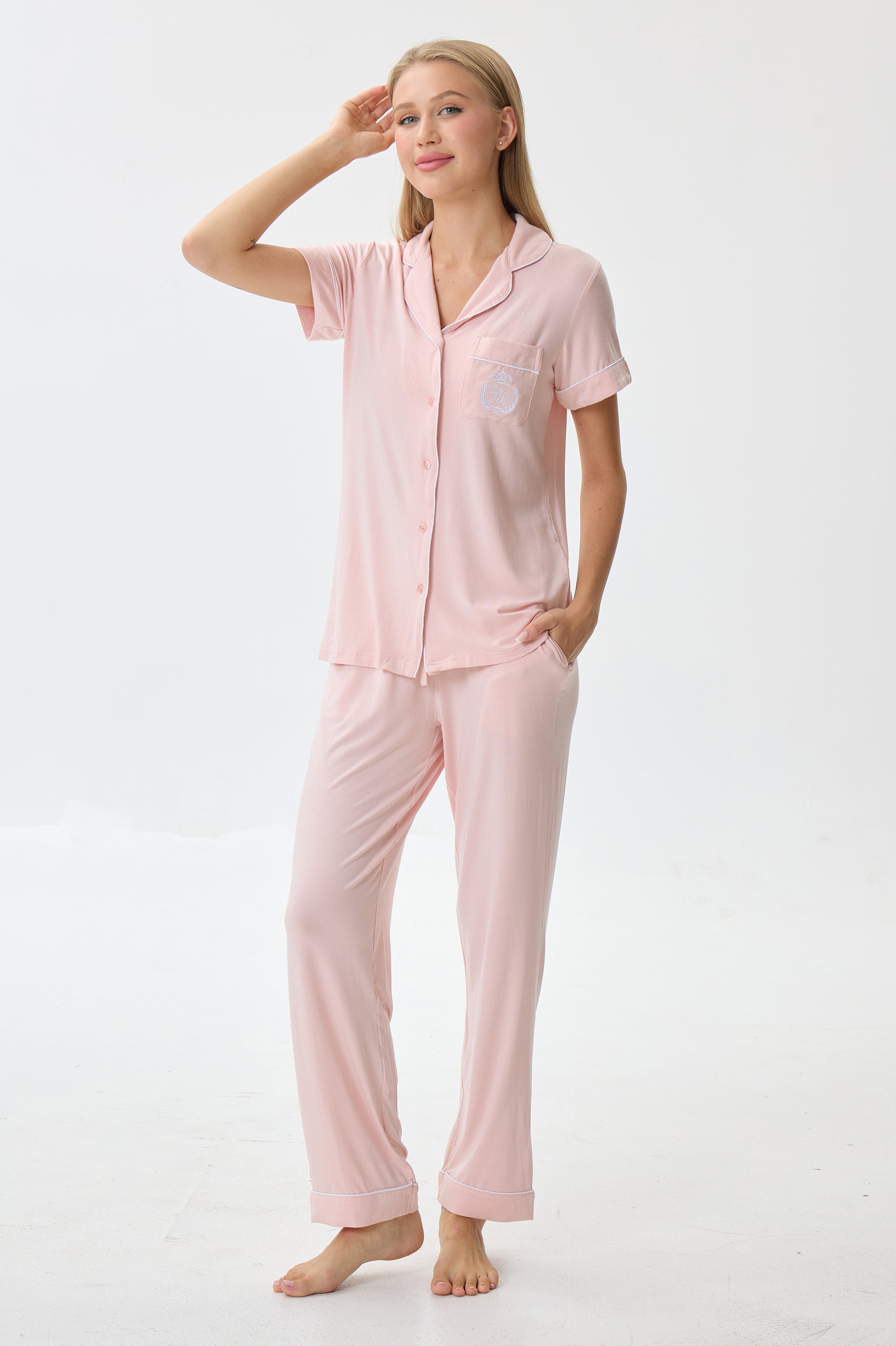 Baby Peach Pink Bamboo Silk™ Pajama Set – Short Sleeve & Pants - Crescentt