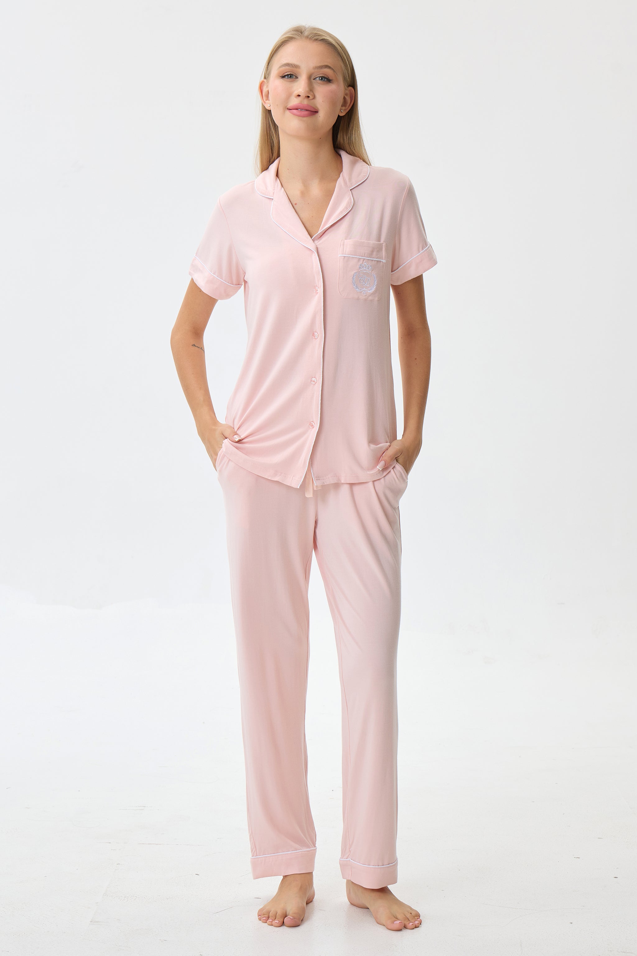 Baby Peach Pink Bamboo Silk™ Pajama Set – Short Sleeve & Pants - Crescentt