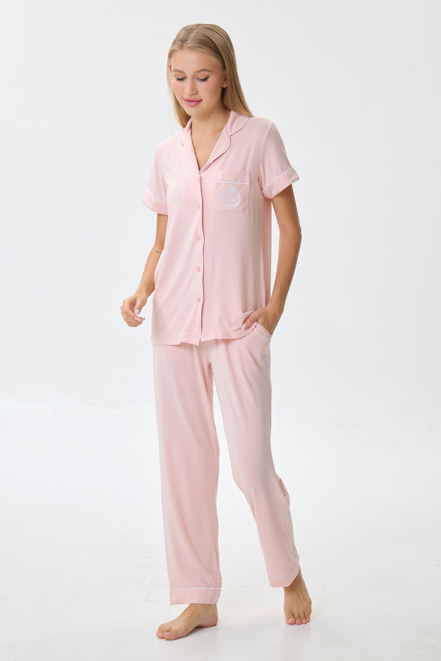 Baby Peach Pink Bamboo Silk™ Pajama Set – Short Sleeve & Pants