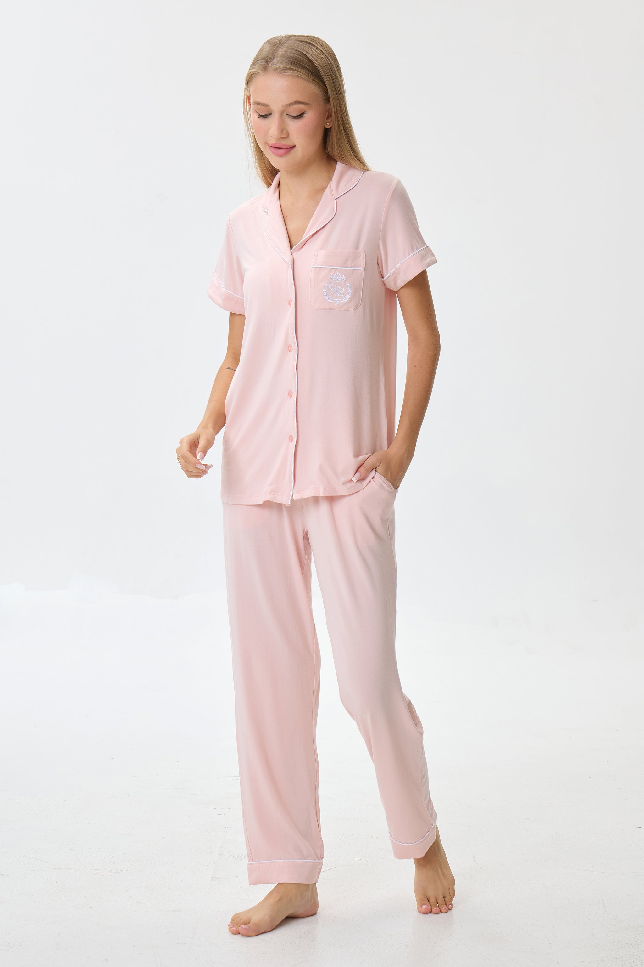 Baby Peach Pink Bamboo Silk™ Pajama Set – Short Sleeve & Pants - Crescentt