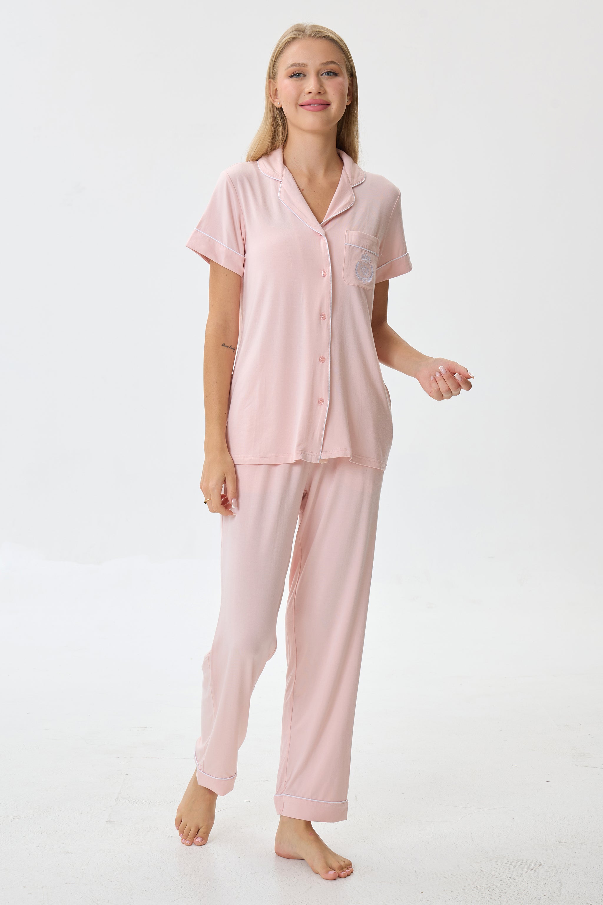 Baby Peach Pink Bamboo Silk™ Pajama Set – Short Sleeve & Pants - Crescentt