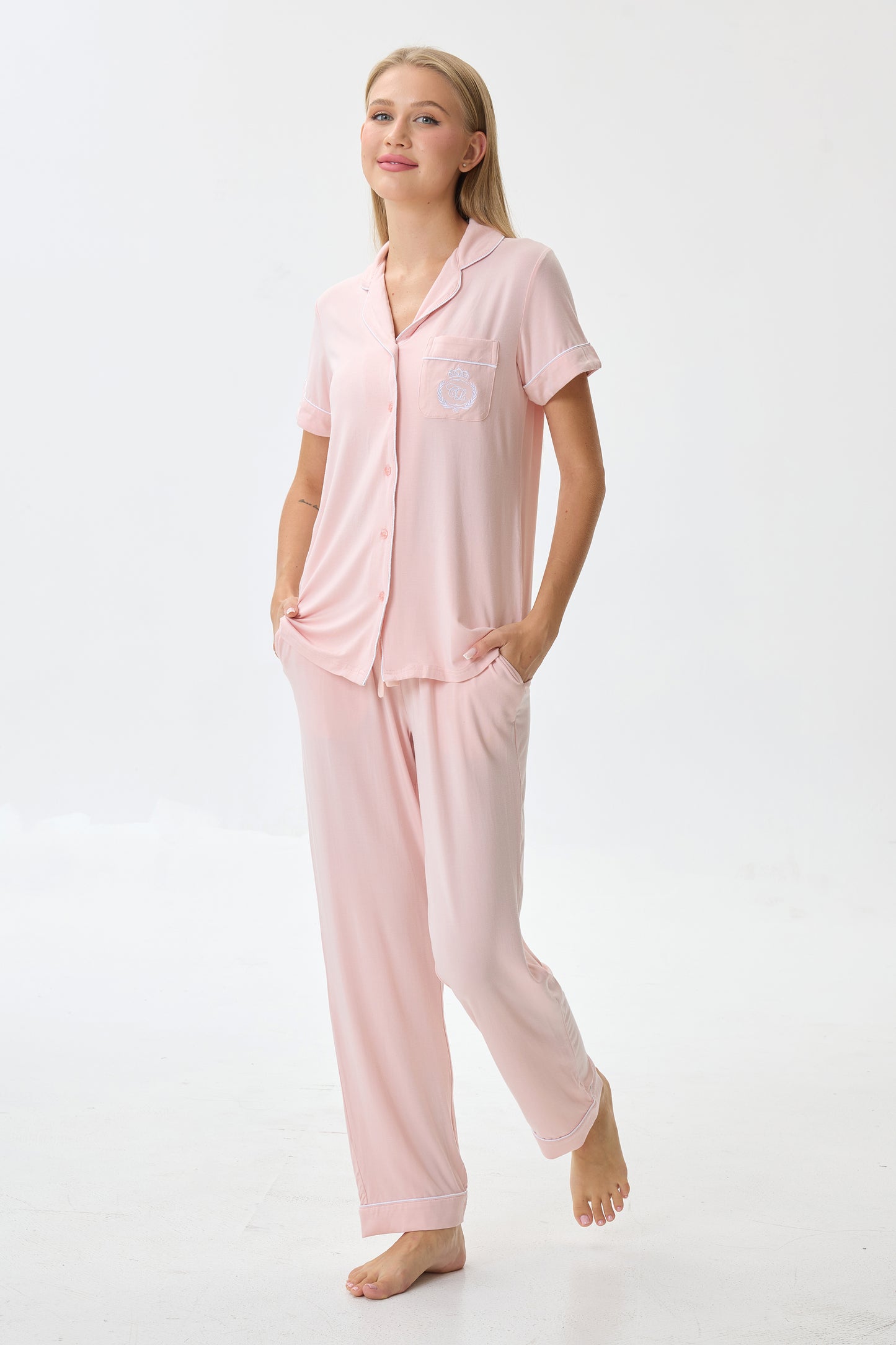 Baby Peach Pink Bamboo Silk™ Pajama Set – Short Sleeve & Pants