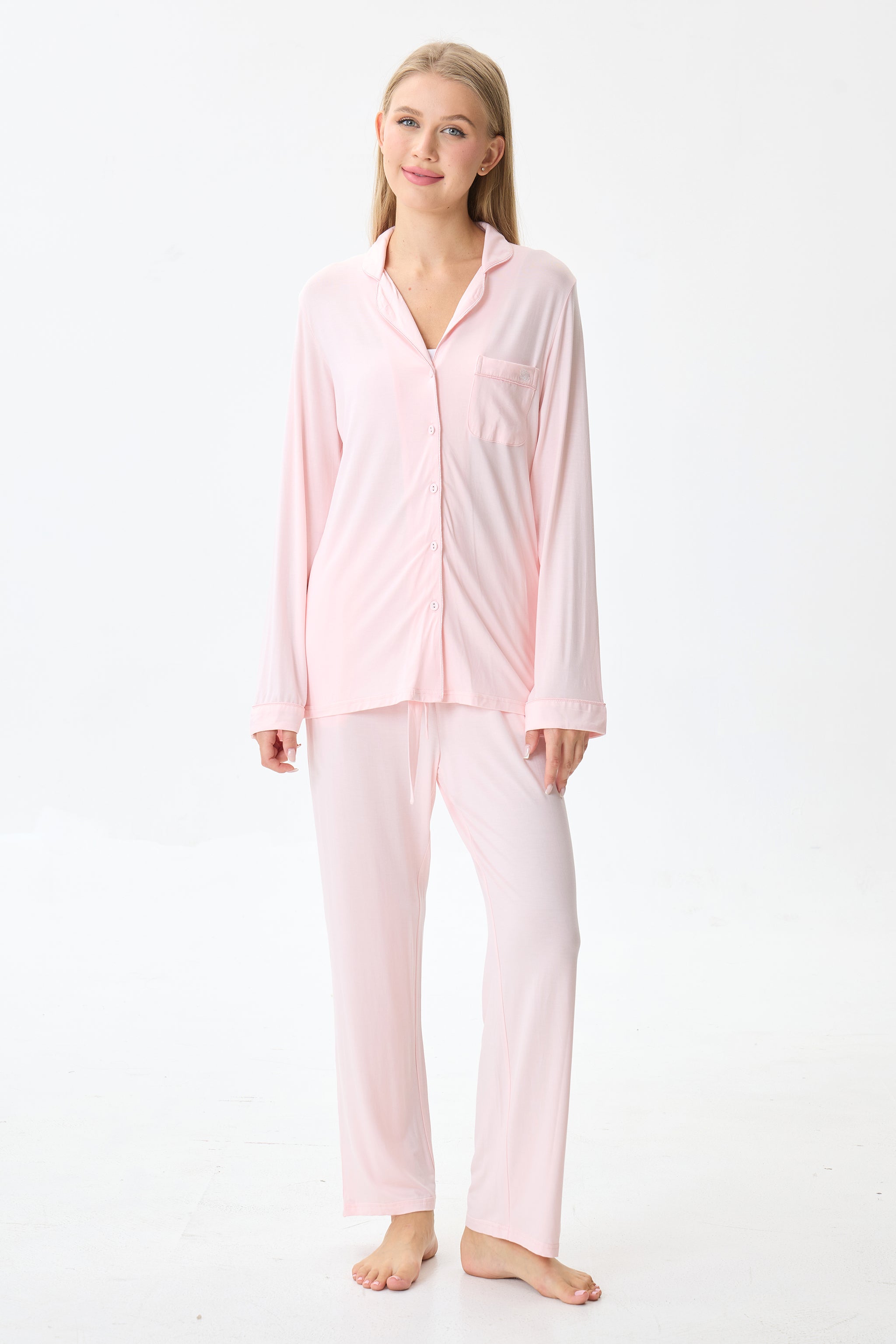 Baby Pink Luxe Modal Silk™ Pajama Set – Long Sleeve & Pants - Crescentt