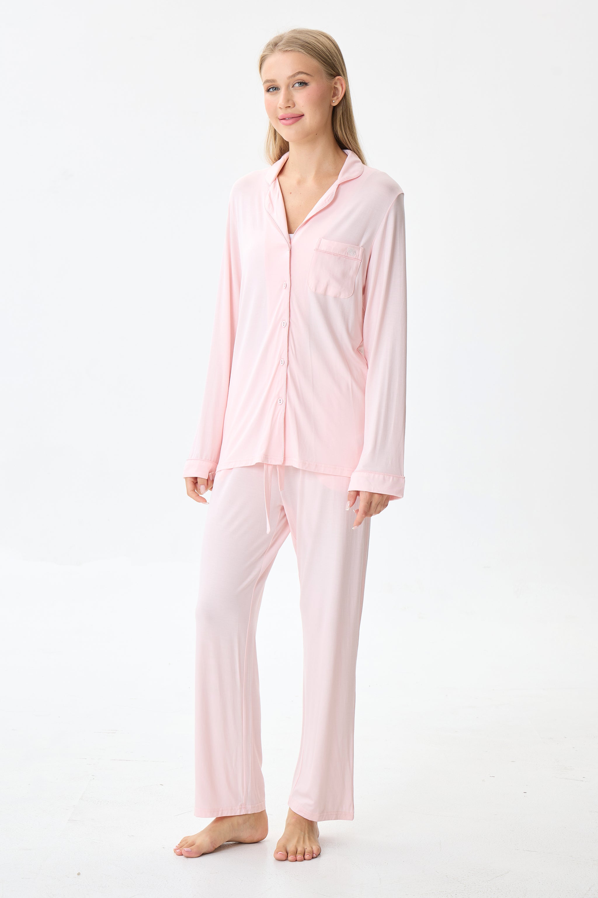Baby Pink Luxe Modal Silk™ Pajama Set – Long Sleeve & Pants - Crescentt