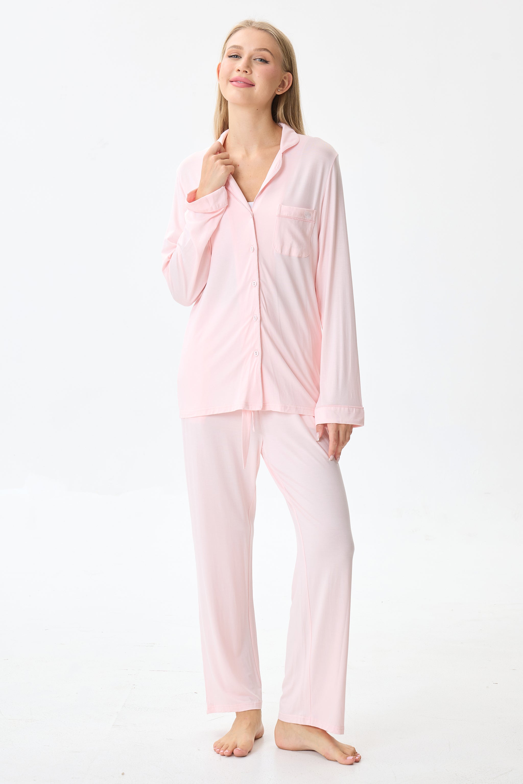 Baby Pink Luxe Modal Silk™ Pajama Set – Long Sleeve & Pants - Crescentt