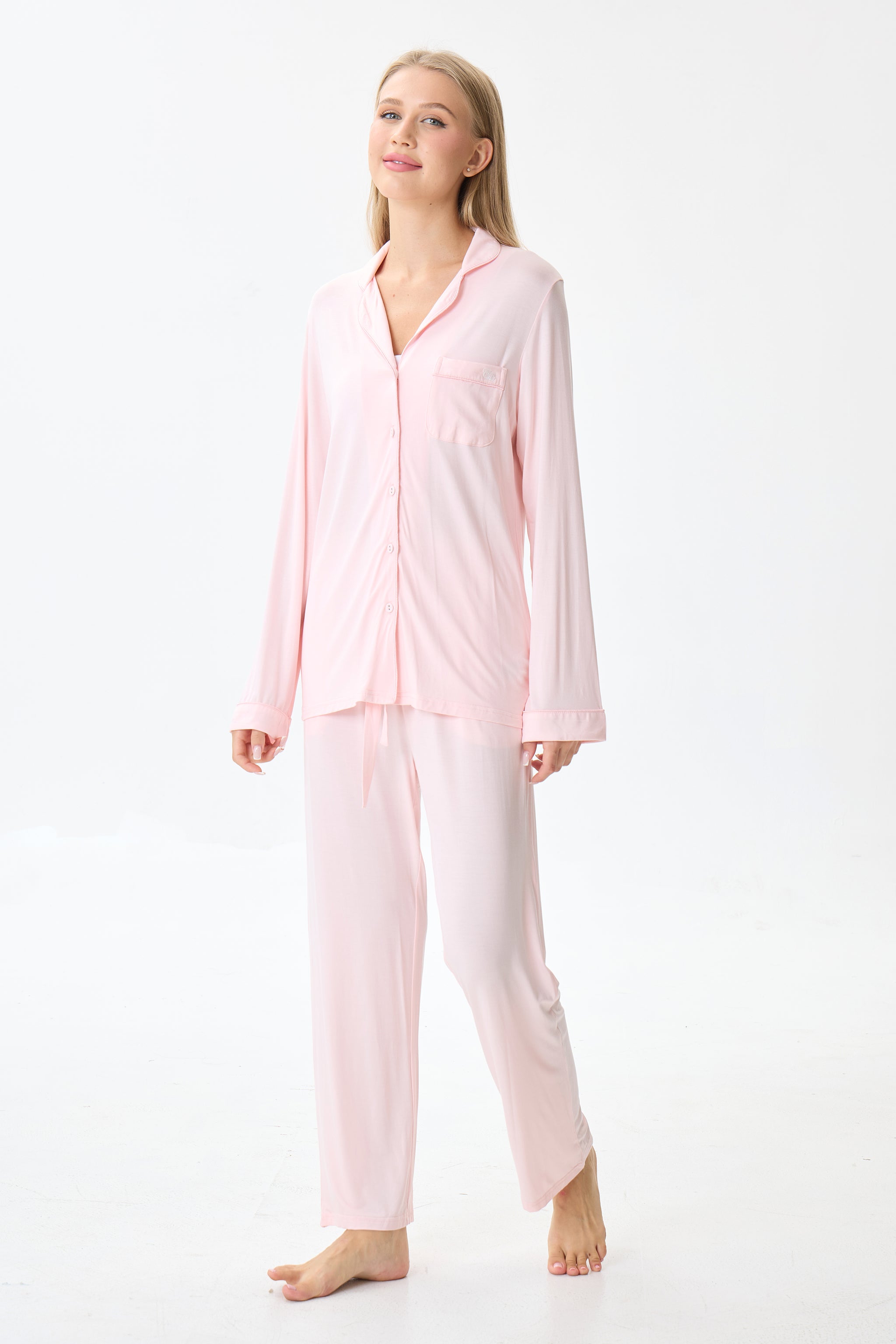 Baby Pink Luxe Modal Silk™ Pajama Set – Long Sleeve & Pants - Crescentt