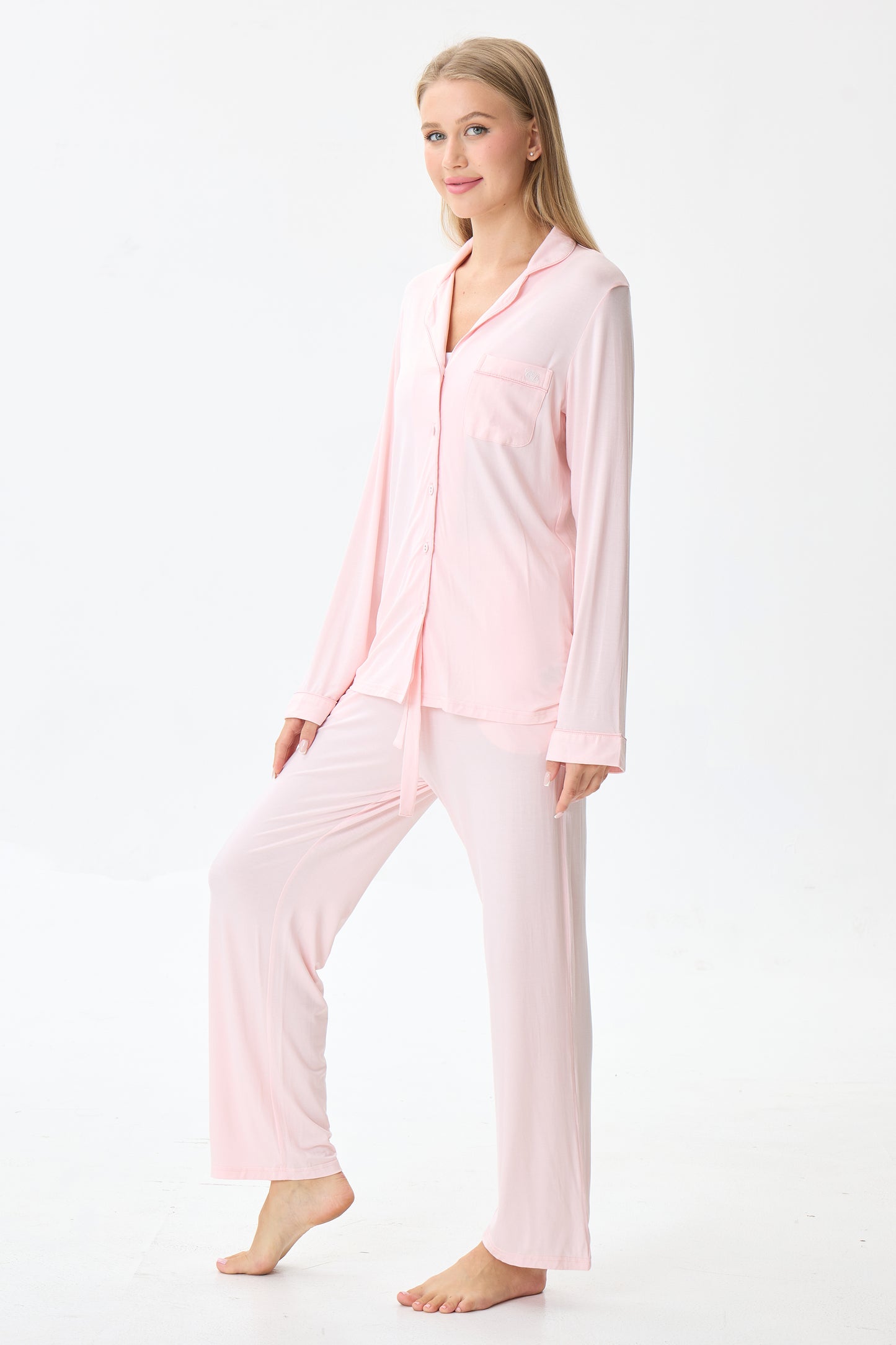 Baby Pink Luxe Modal Silk™ Pajama Set – Long Sleeve & Pants