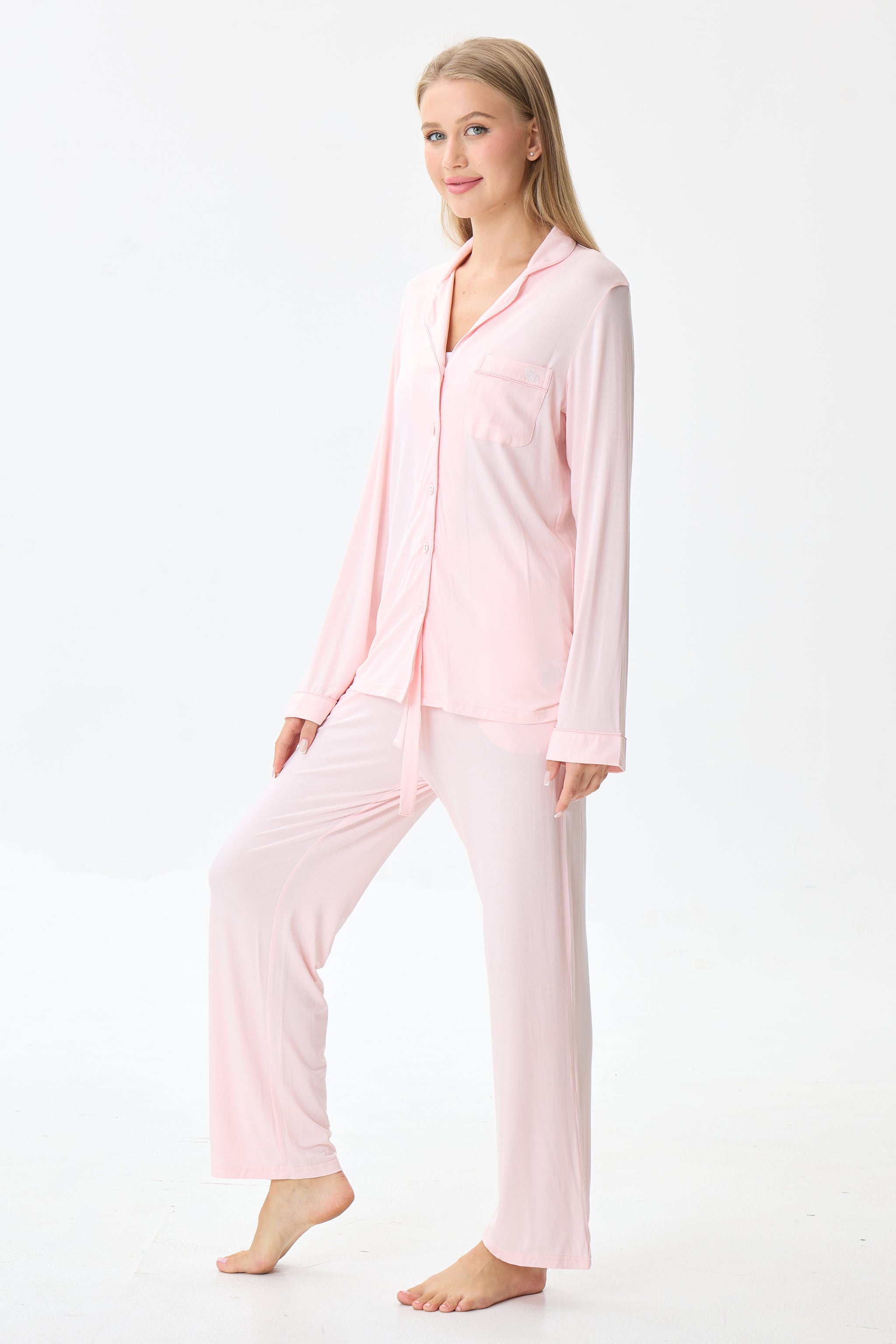 Baby Pink Luxe Modal Silk™ Pajama Set – Long Sleeve & Pants - Crescentt