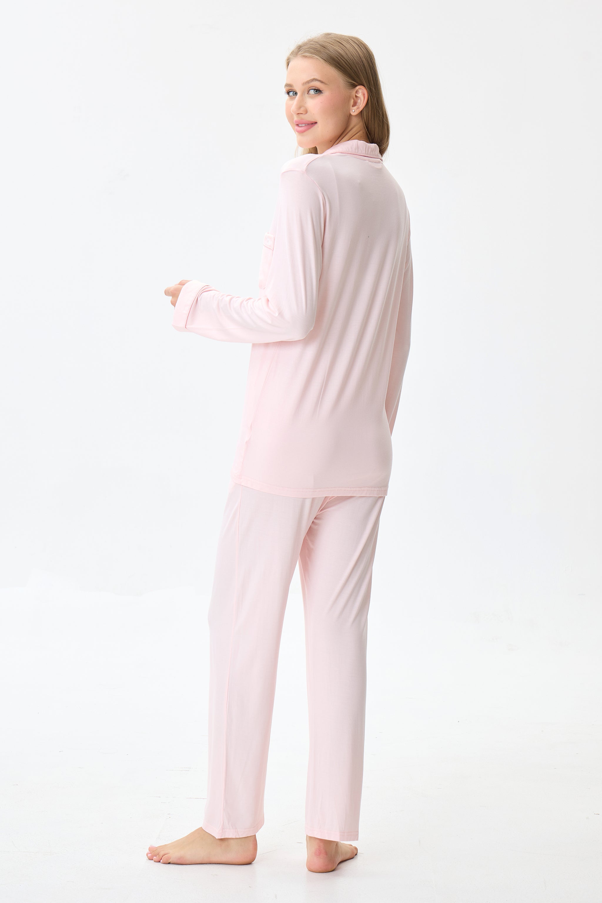 Baby Pink Luxe Modal Silk™ Pajama Set – Long Sleeve & Pants - Crescentt