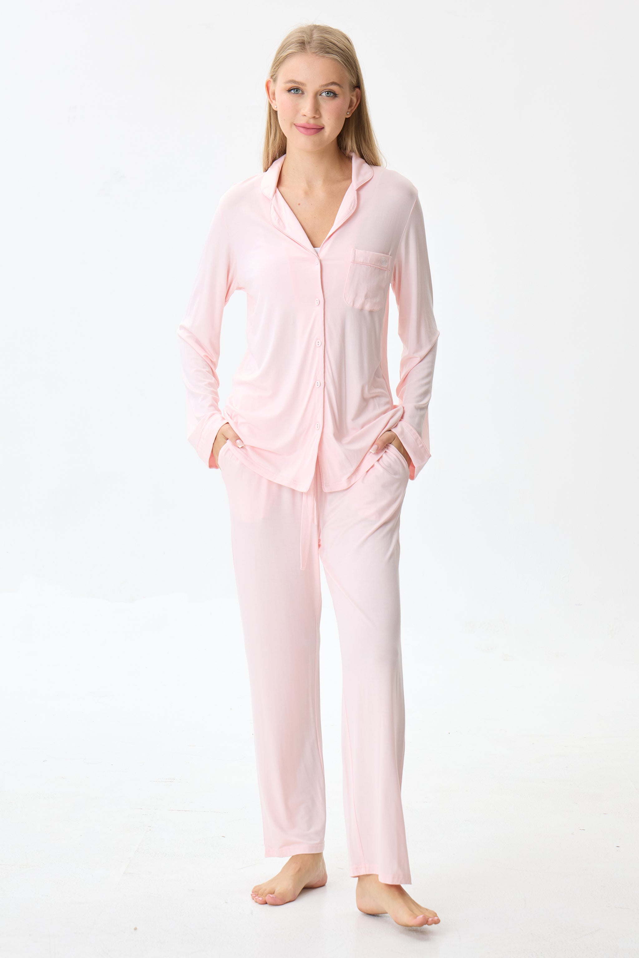 Baby Pink Luxe Modal Silk™ Pajama Set – Long Sleeve & Pants - Crescentt