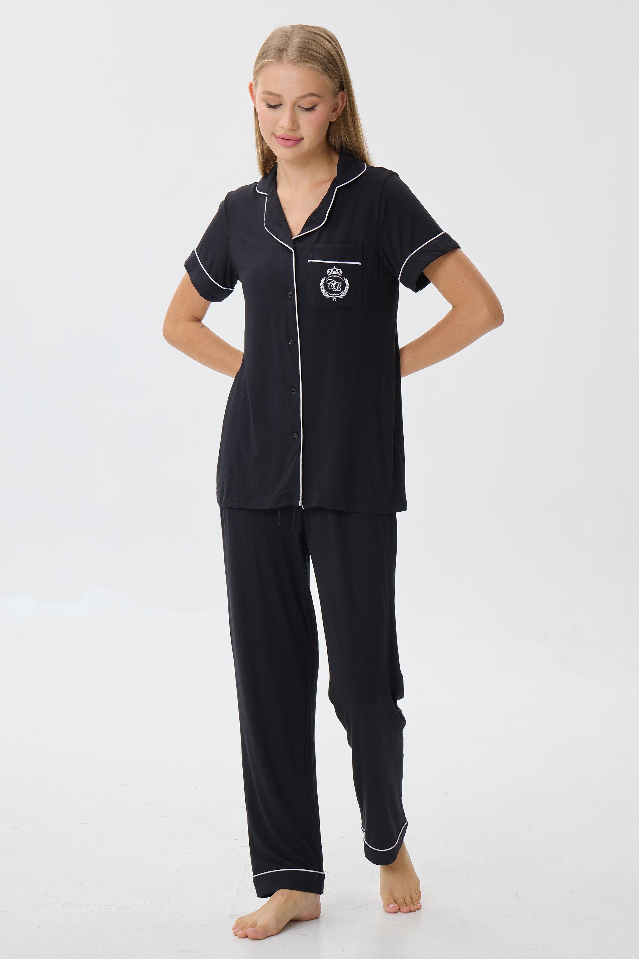 Royal Black Bamboo Silk™ Pajama Set – Short Sleeve & Pants - Crescentt