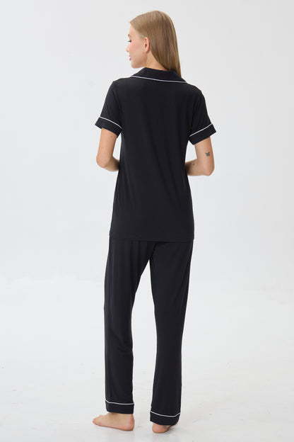 Royal Black Bamboo Silk™ Pajama Set – Short Sleeve & Pants