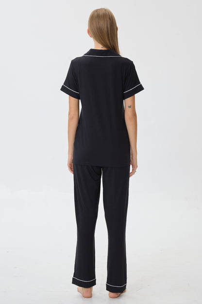 Royal Black Bamboo Silk™ Pajama Set – Short Sleeve & Pants