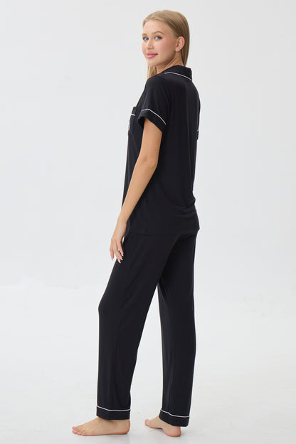Royal Black Bamboo Silk™ Pajama Set – Short Sleeve & Pants