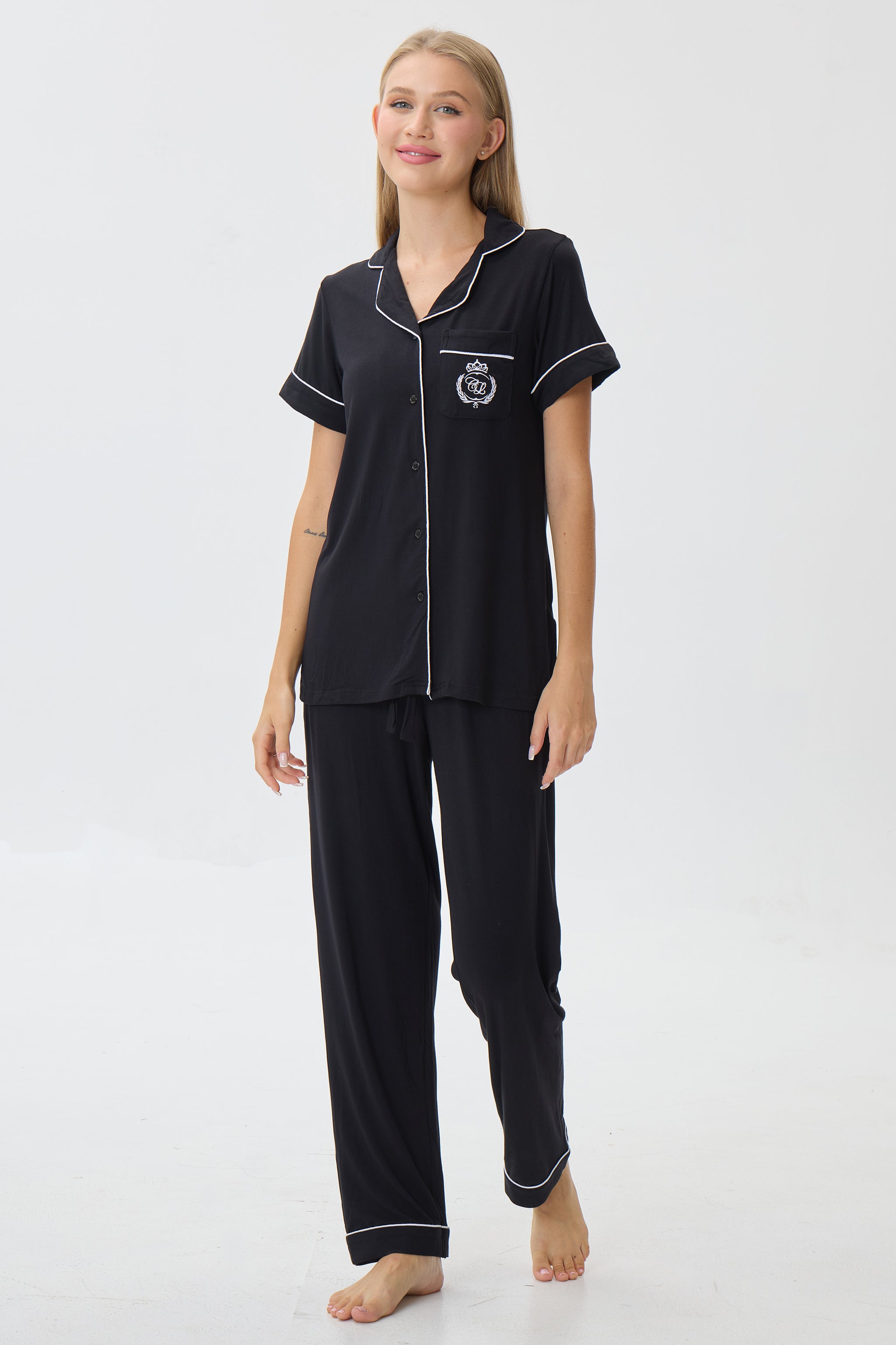 Royal Black Bamboo Silk™ Pajama Set – Short Sleeve & Pants - Crescentt