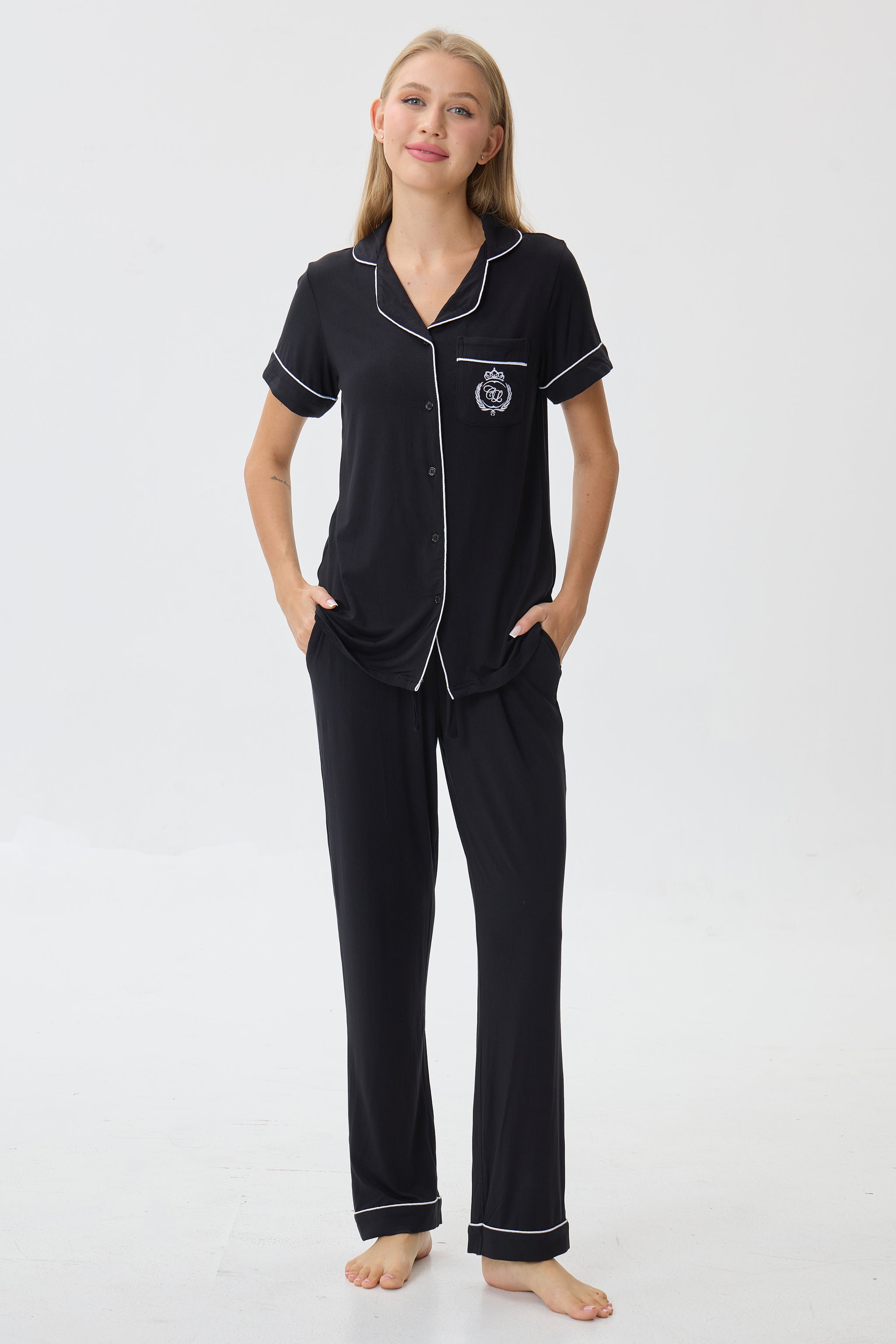 Royal Black Bamboo Silk™ Pajama Set – Short Sleeve & Pants - Crescentt