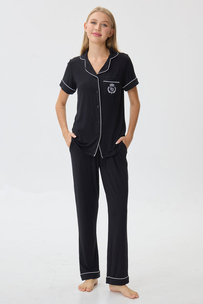 Royal Black Bamboo Silk™ Pajama Set – Short Sleeve & Pants