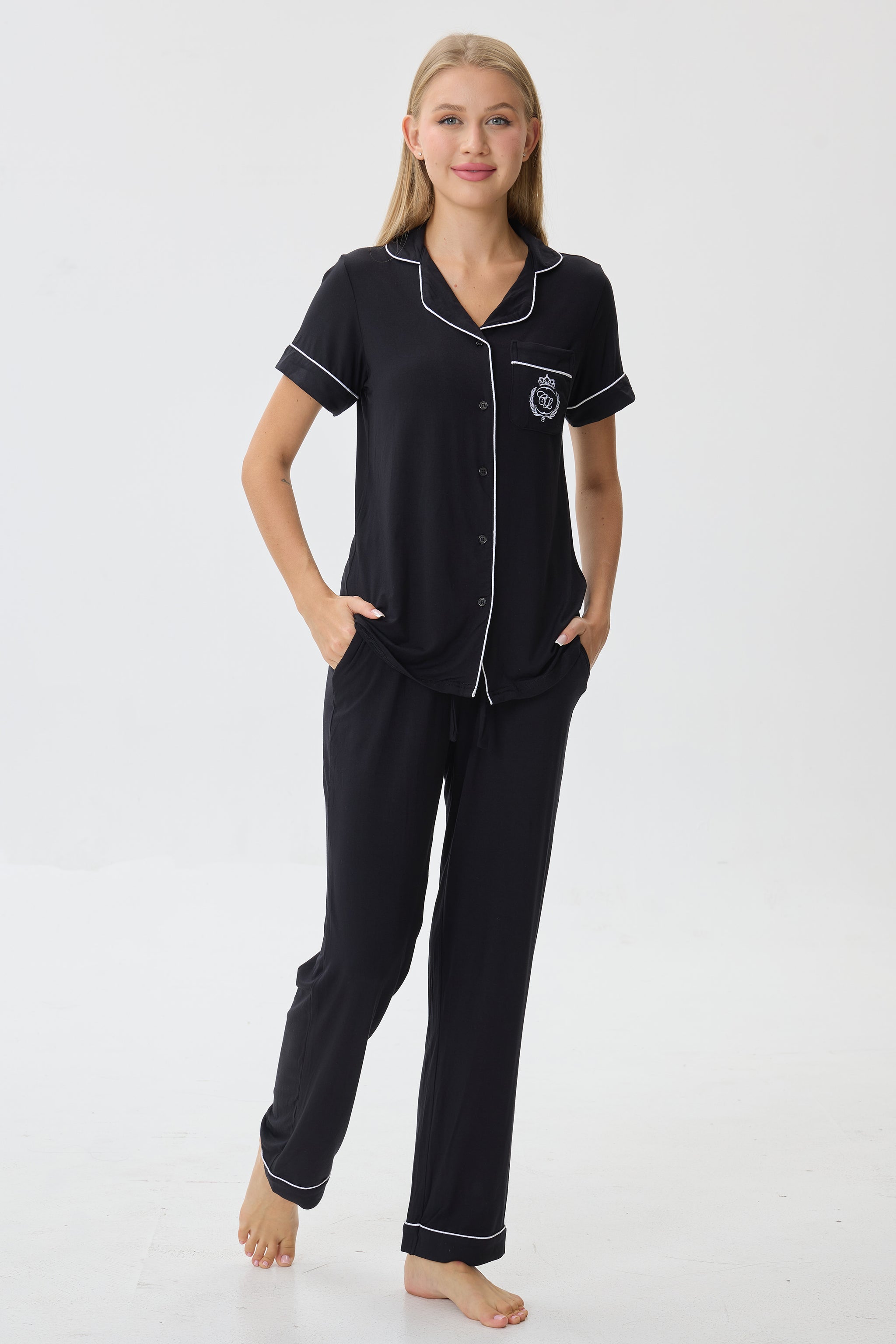 Royal Black Bamboo Silk™ Pajama Set – Short Sleeve & Pants - Crescentt