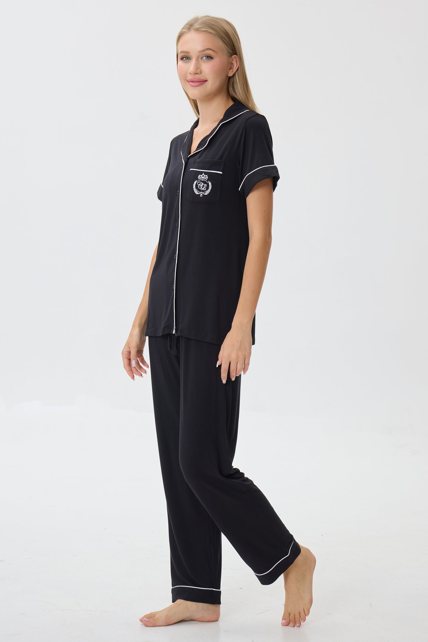 Royal Black Bamboo Silk™ Pajama Set – Short Sleeve & Pants