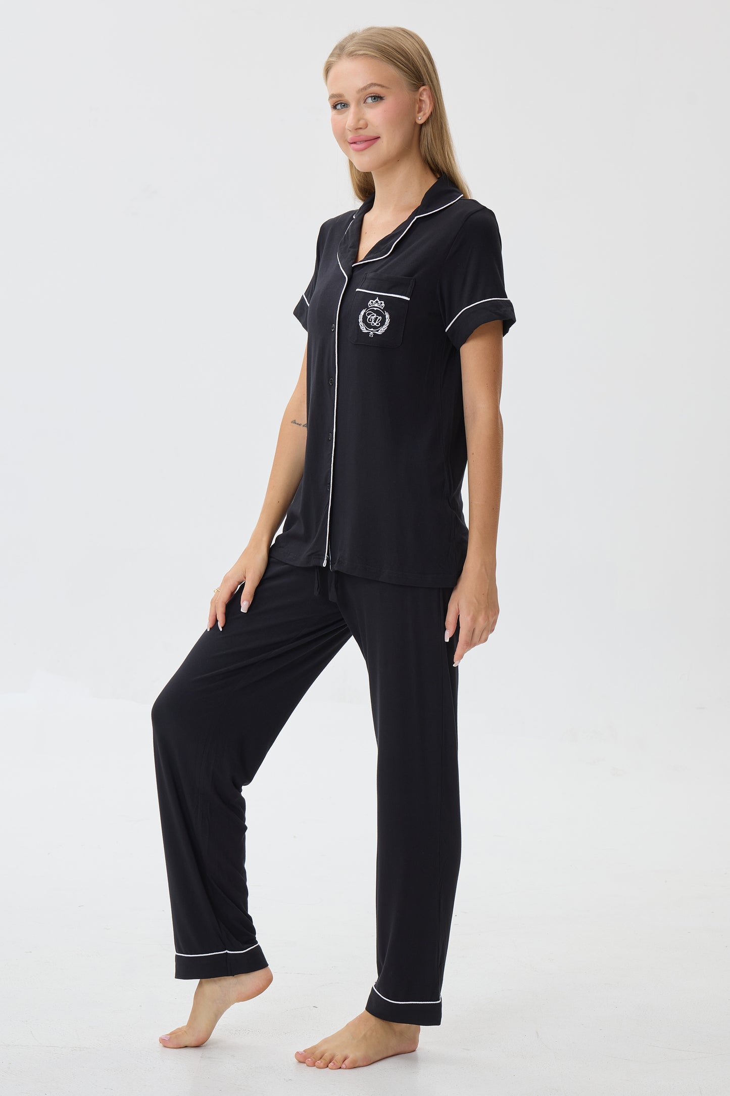 Royal Black Bamboo Silk™ Pajama Set – Short Sleeve & Pants