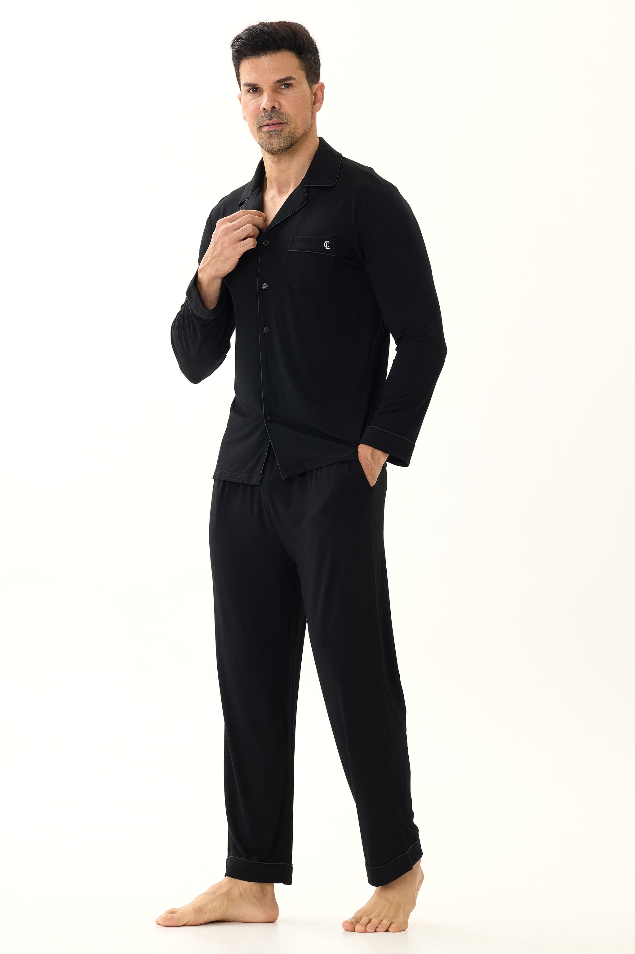 Obsidian Black Men’s Organic Bamboo Silk™ Pajama Set – Long Sleeve & Pants - Crescentt