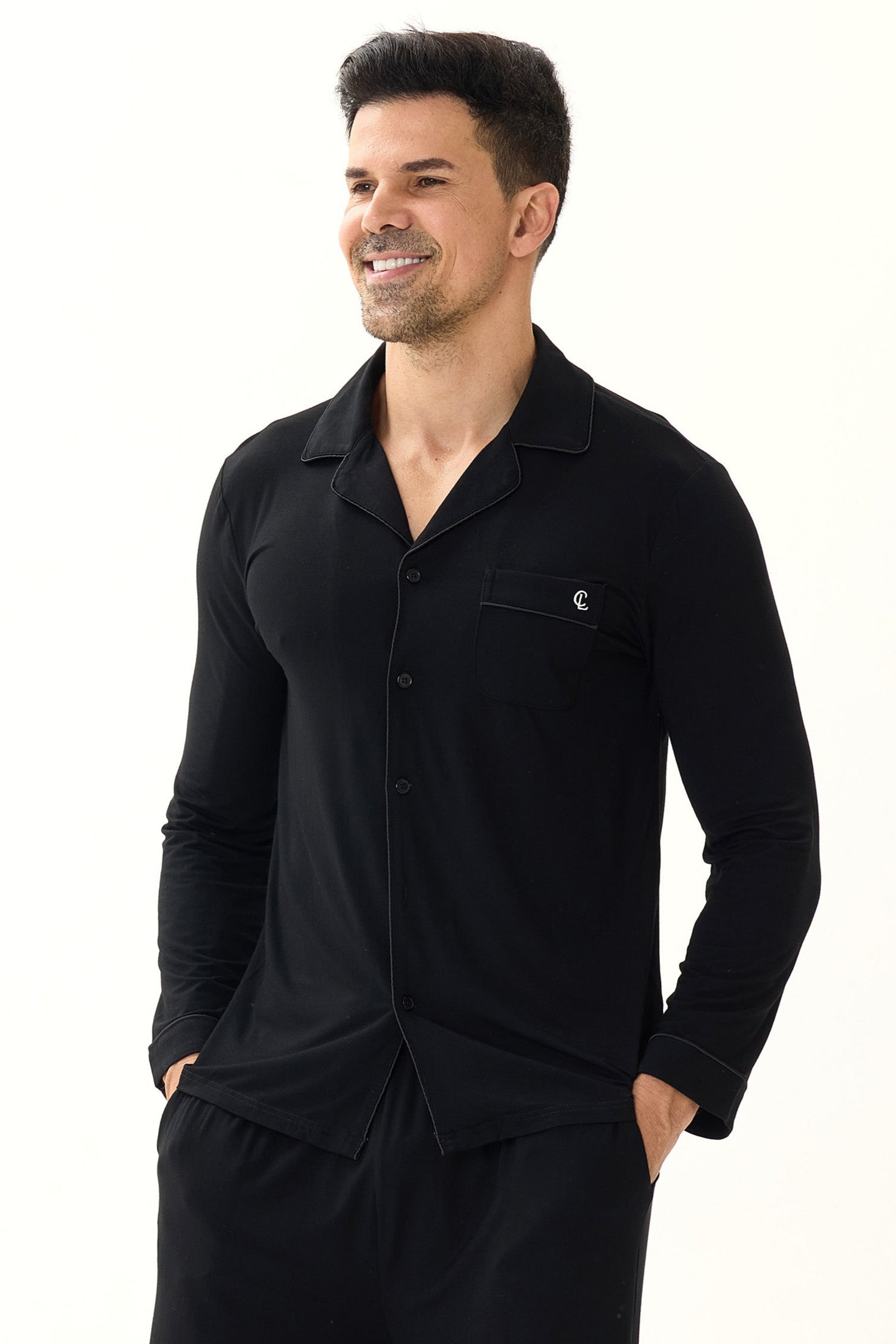 Obsidian Black Men’s Organic Bamboo Silk™ Pajama Set – Long Sleeve & Pants - Crescentt