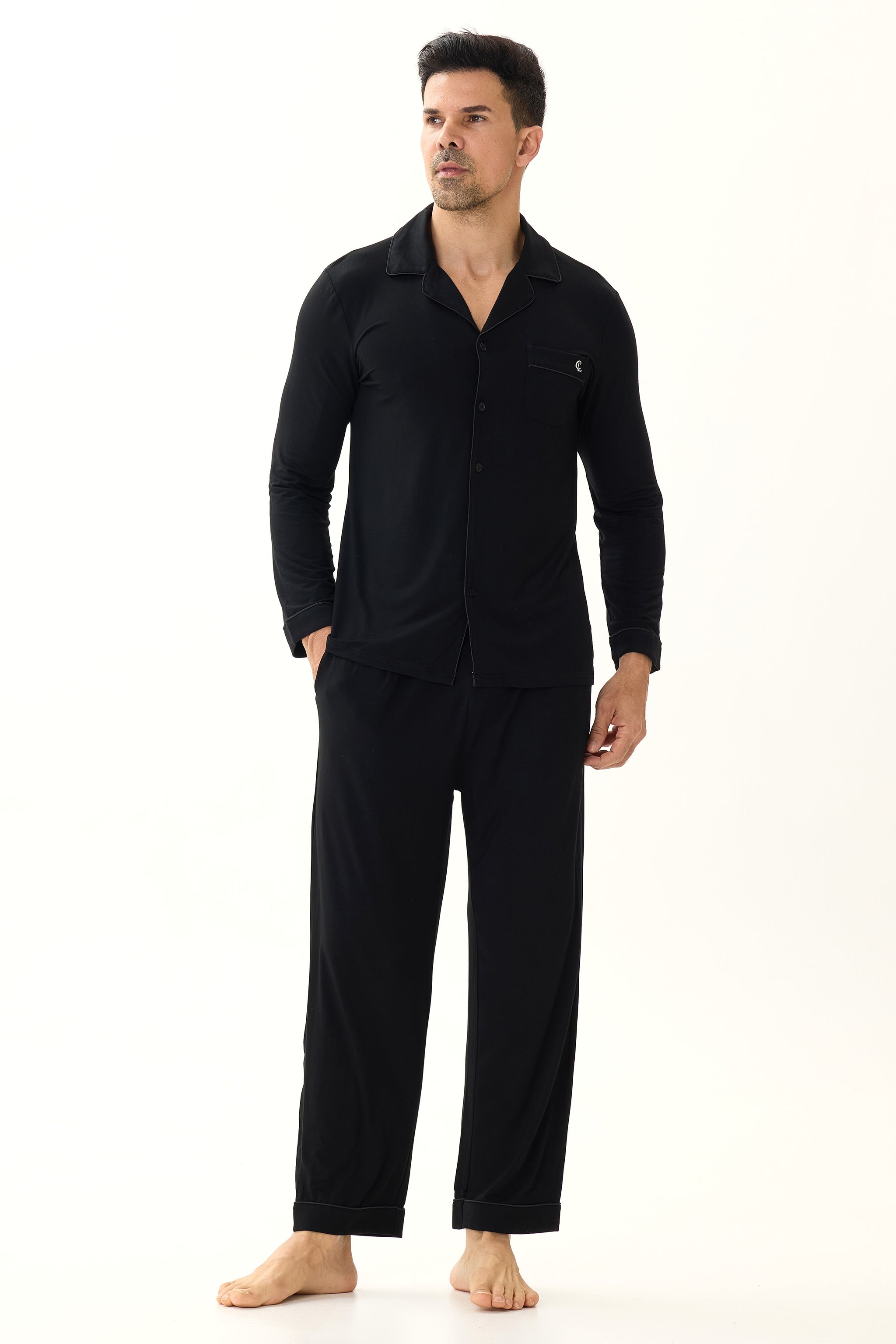 Obsidian Black Men’s Organic Bamboo Silk™ Pajama Set – Long Sleeve & Pants - Crescentt