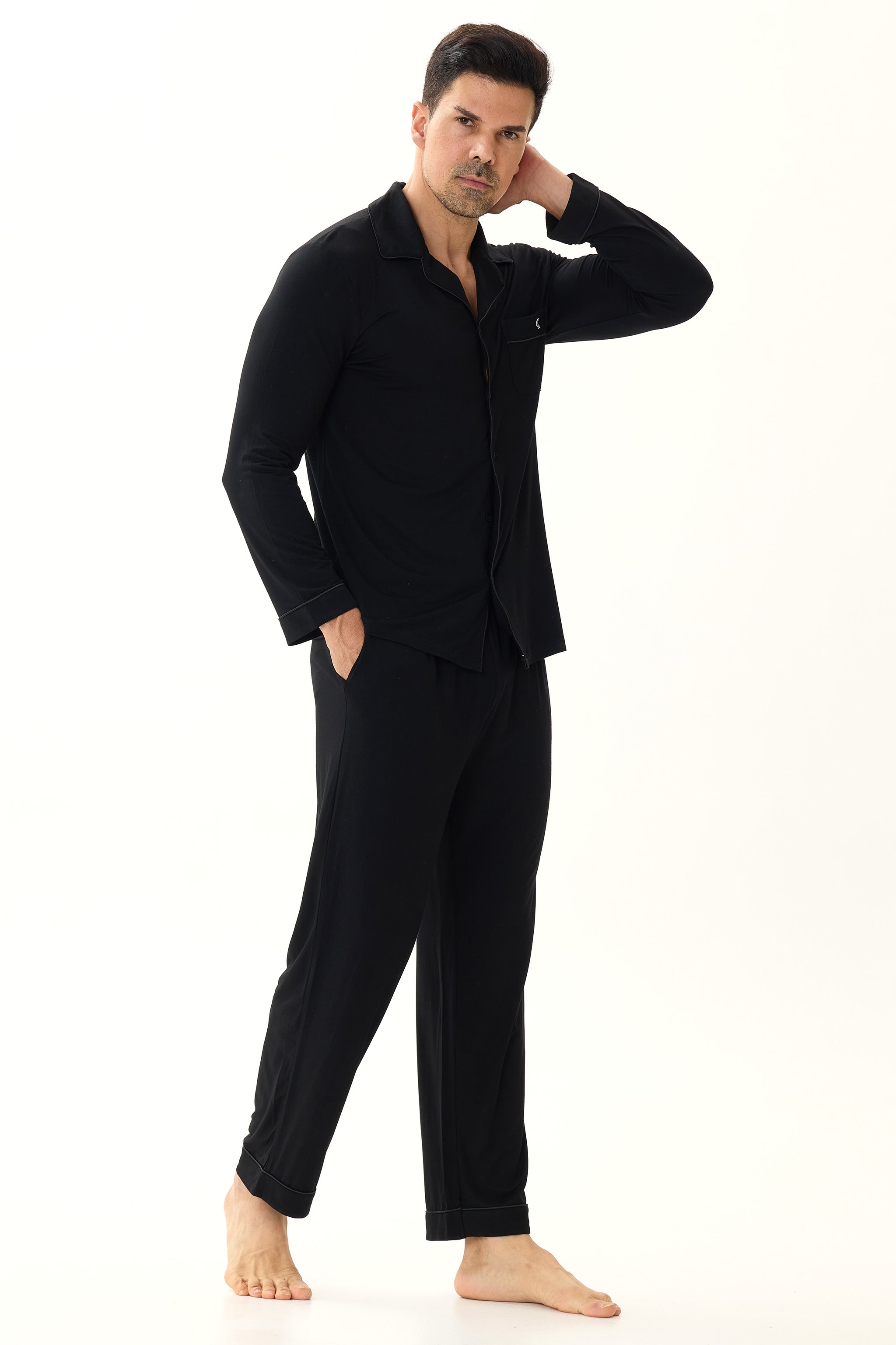 Obsidian Black Men’s Organic Bamboo Silk™ Pajama Set – Long Sleeve & Pants - Crescentt