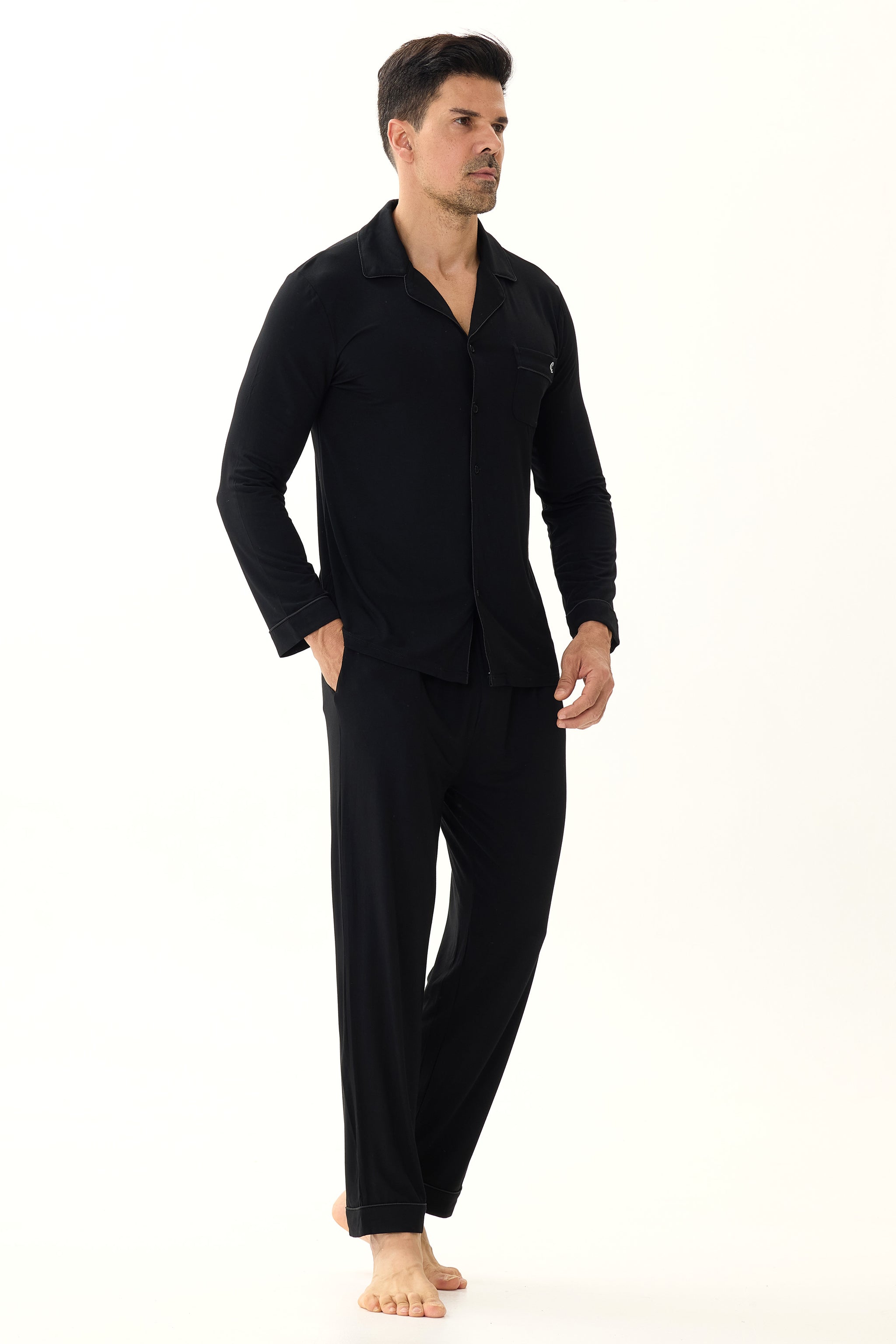 Obsidian Black Men’s Organic Bamboo Silk™ Pajama Set – Long Sleeve & Pants - Crescentt