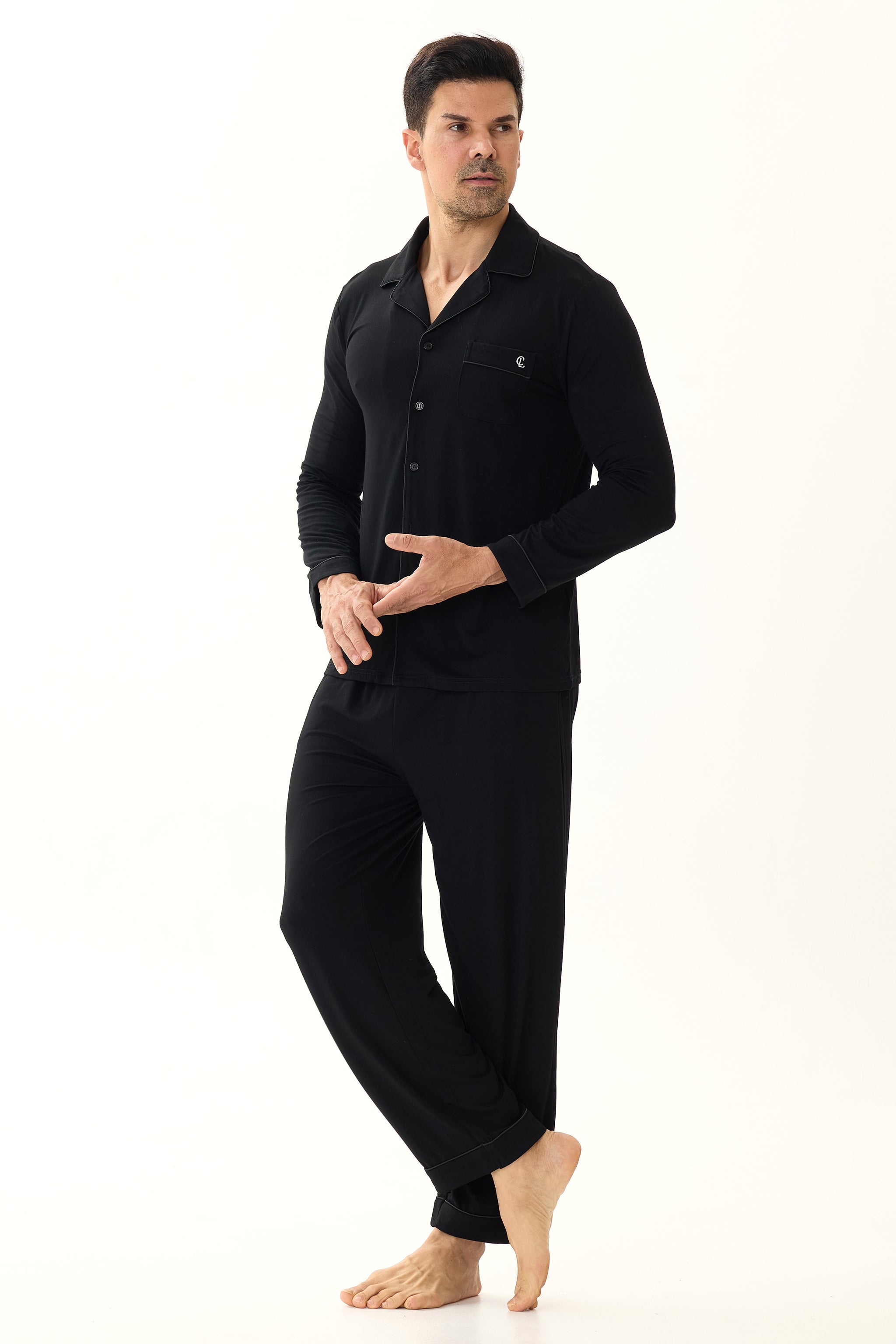 Obsidian Black Men’s Organic Bamboo Silk™ Pajama Set – Long Sleeve & Pants - Crescentt