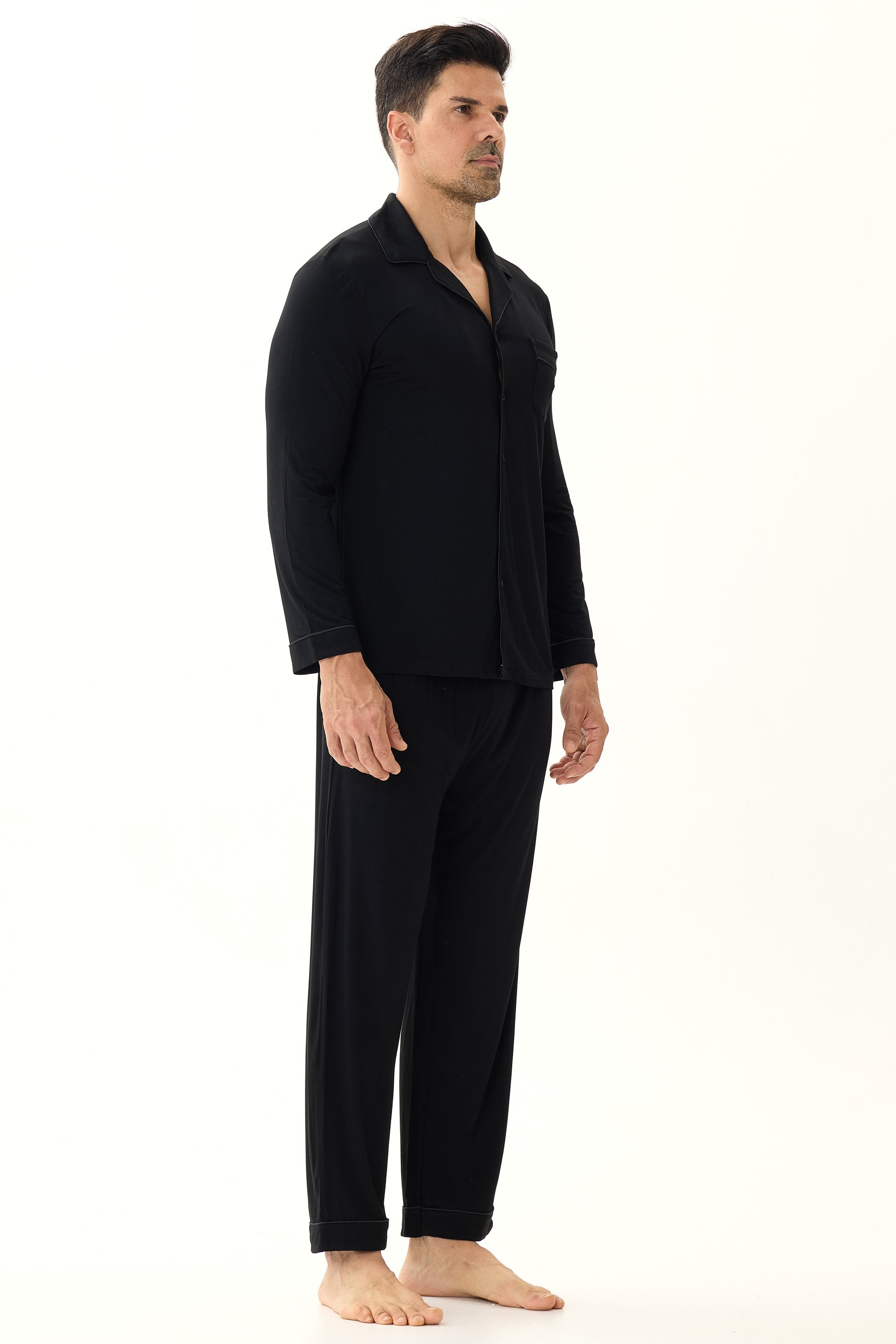 Obsidian Black Men’s Organic Bamboo Silk™ Pajama Set – Long Sleeve & Pants - Crescentt