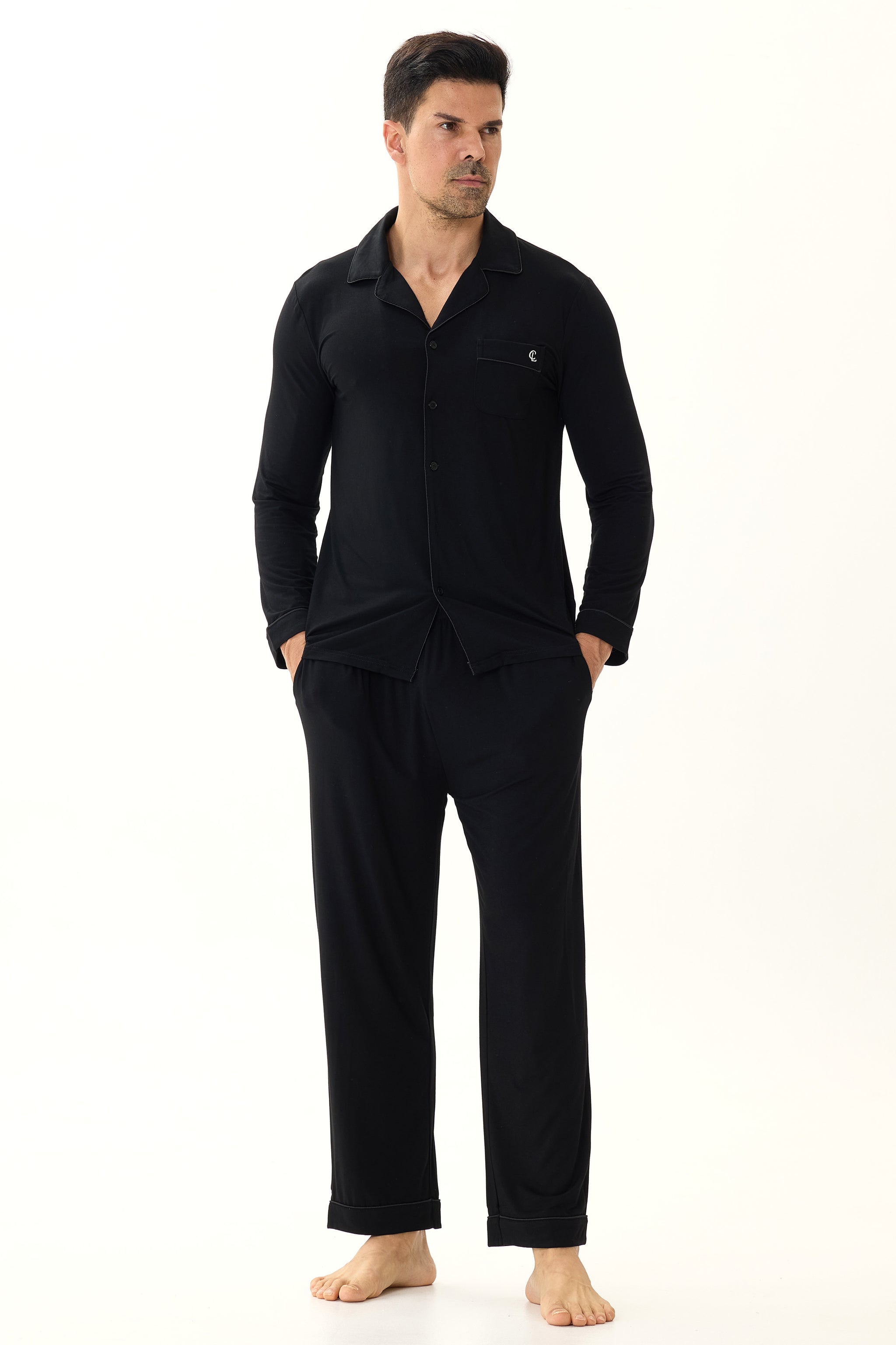 Obsidian Black Men’s Organic Bamboo Silk™ Pajama Set – Long Sleeve & Pants - Crescentt