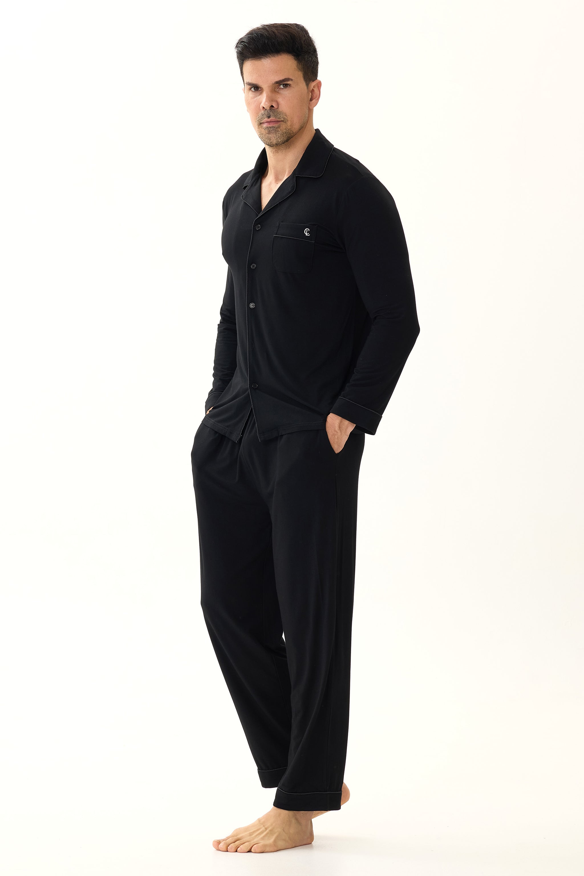 Obsidian Black Men’s Organic Bamboo Silk™ Pajama Set – Long Sleeve & Pants - Crescentt