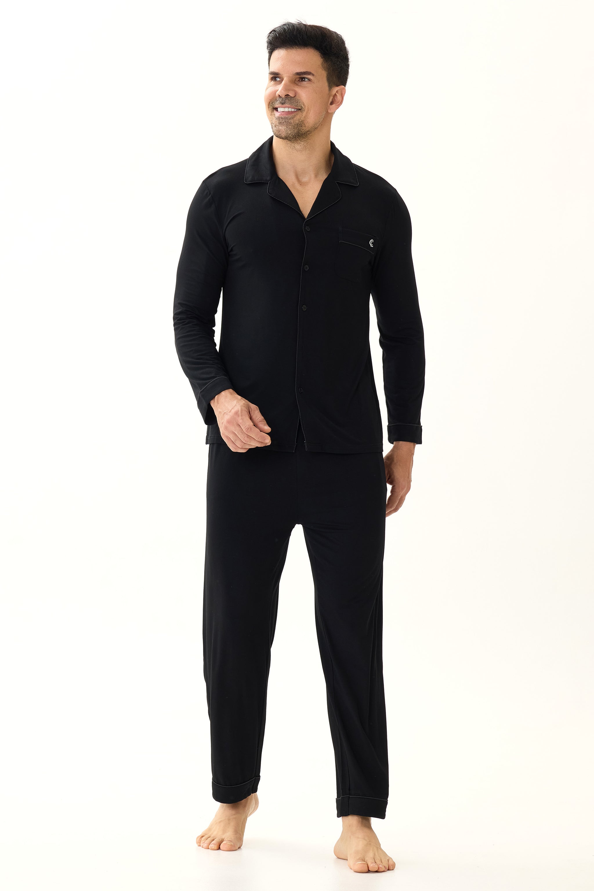Obsidian Black Men’s Organic Bamboo Silk™ Pajama Set – Long Sleeve & Pants - Crescentt