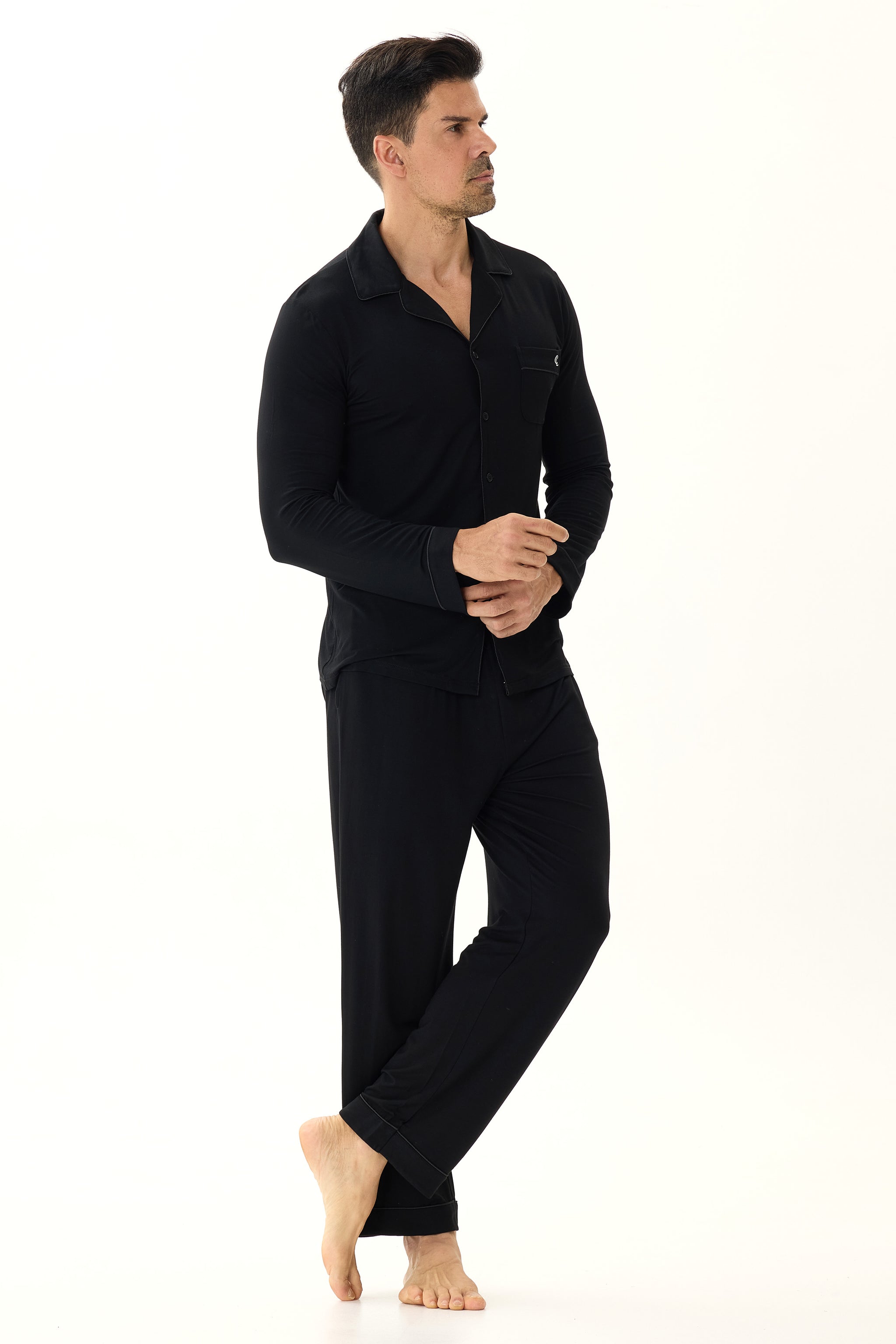Obsidian Black Men’s Organic Bamboo Silk™ Pajama Set – Long Sleeve & Pants - Crescentt