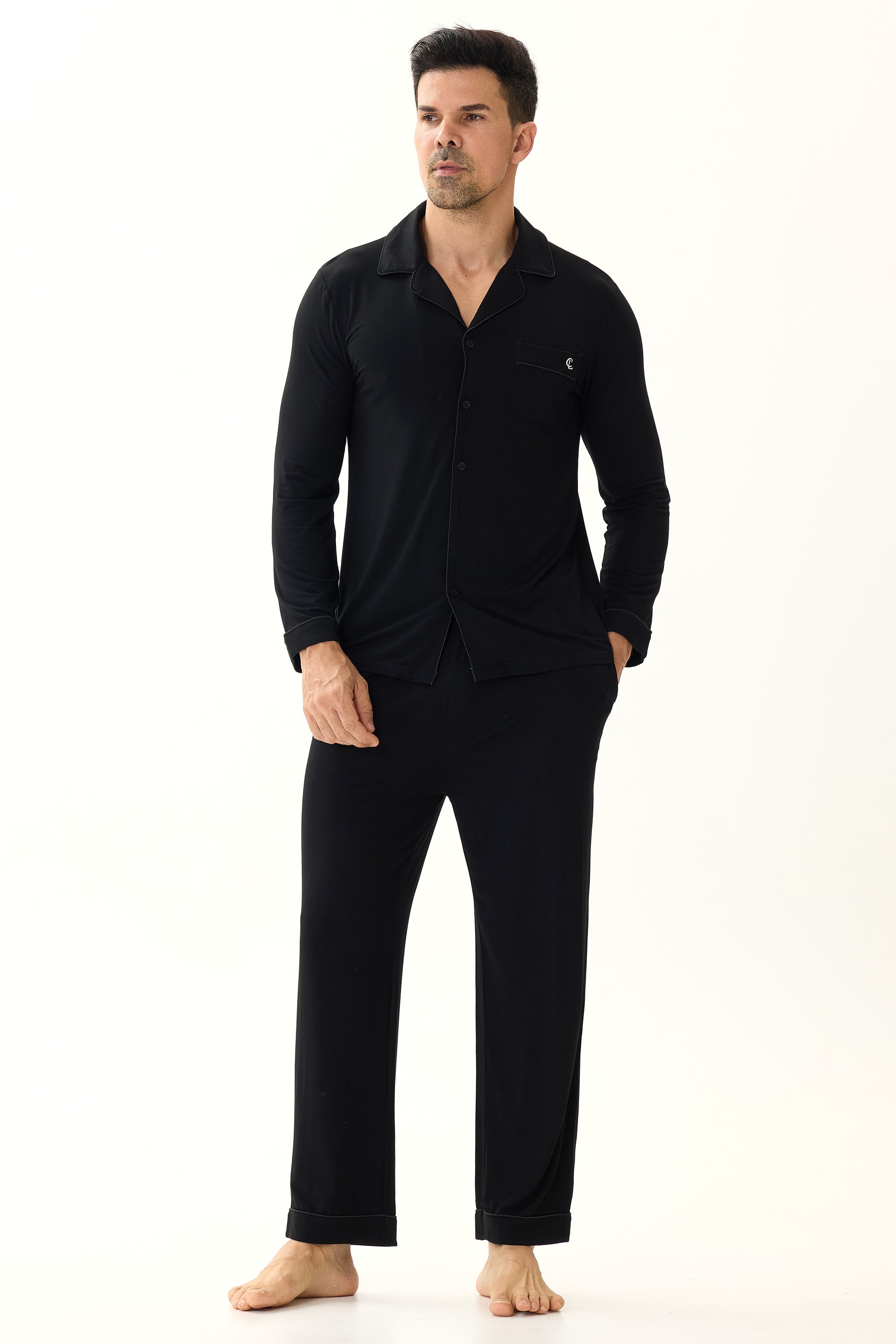 Obsidian Black Men’s Organic Bamboo Silk™ Pajama Set – Long Sleeve & Pants - Crescentt
