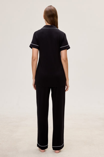 Royal Black Bamboo Silk™ Pajama Set – Short Sleeve & Pants