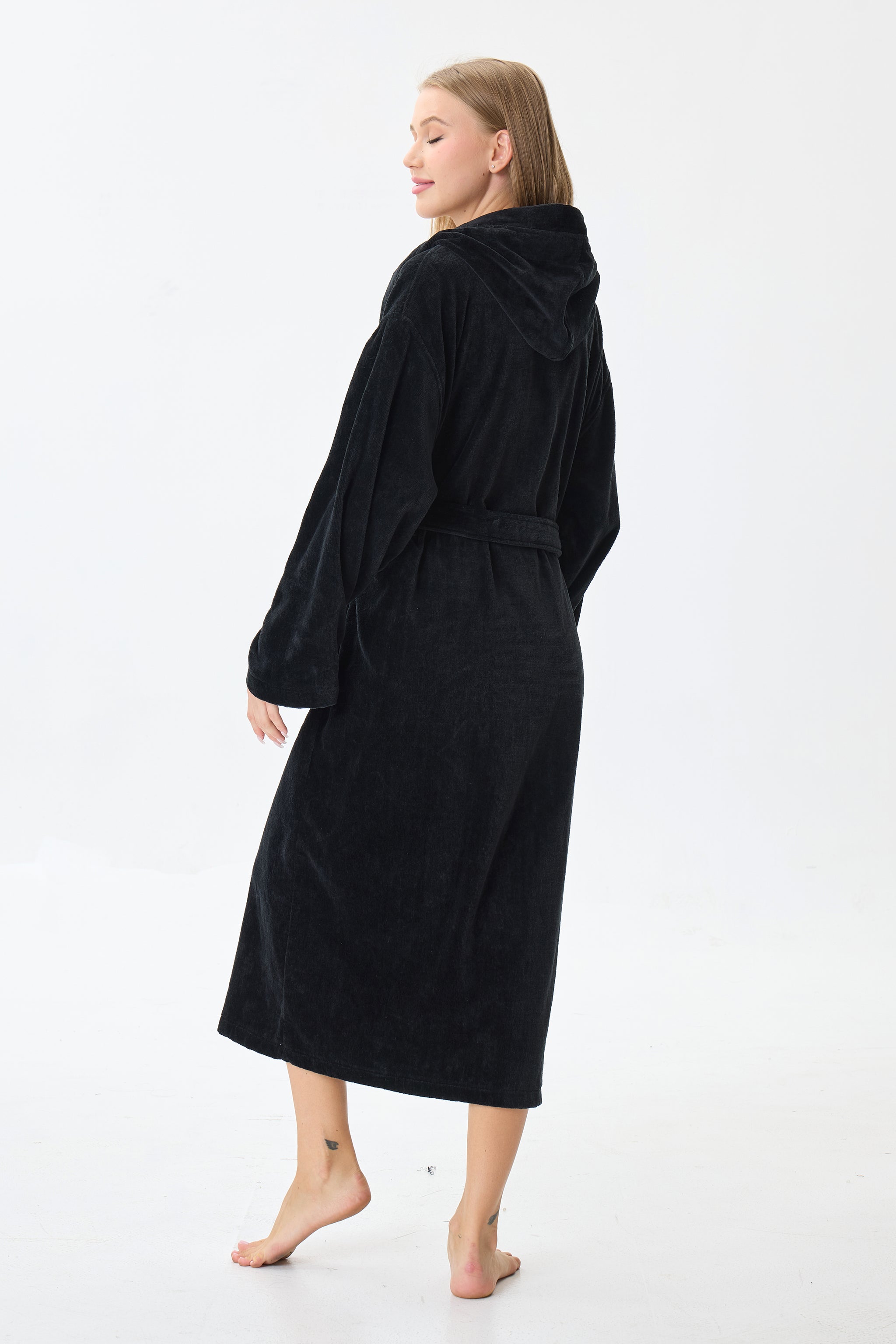 Noir Luxe Hooded Turkish Cotton Spa Bathrobe - Crescentt