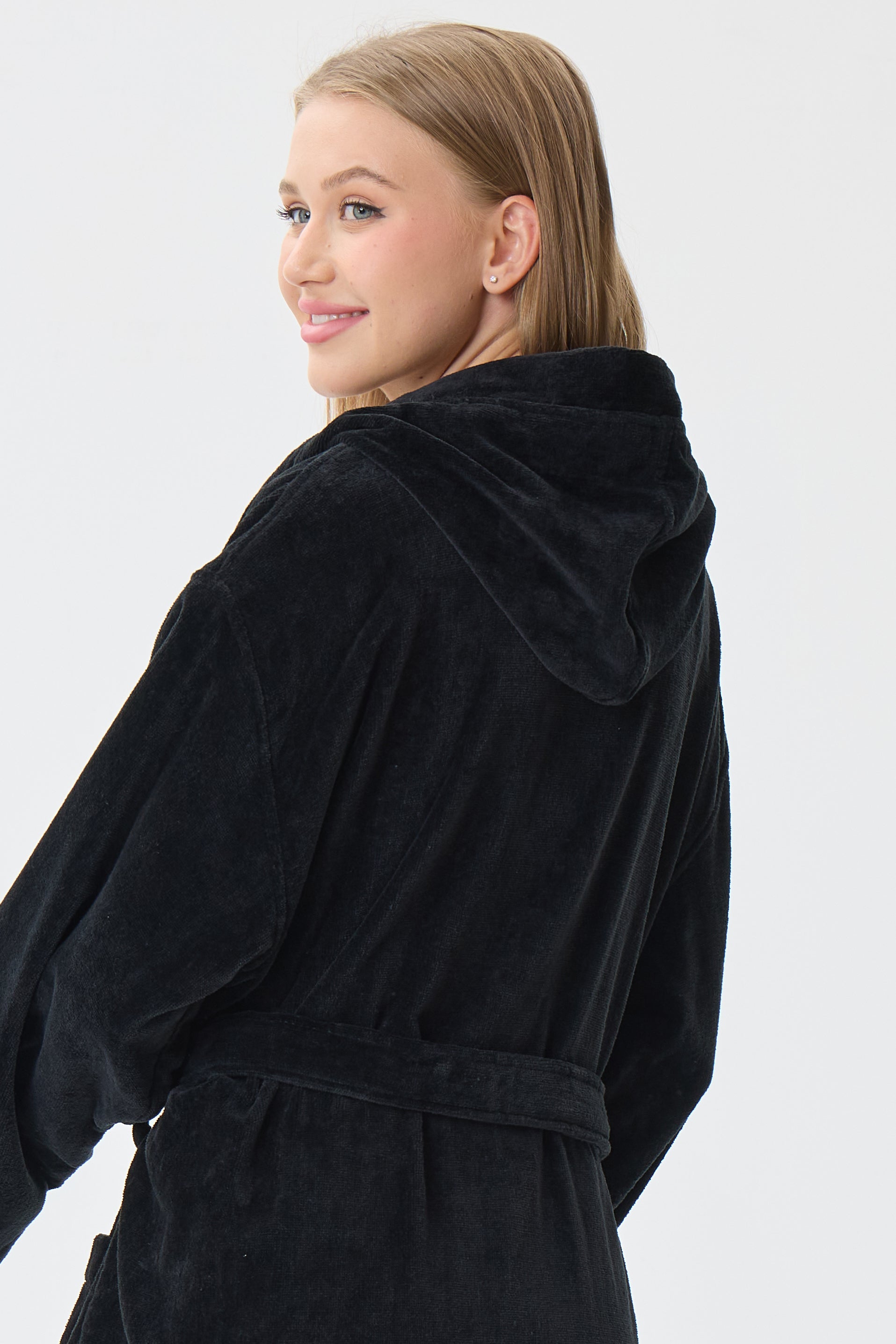 Noir Luxe Hooded Turkish Cotton Spa Bathrobe - Crescentt