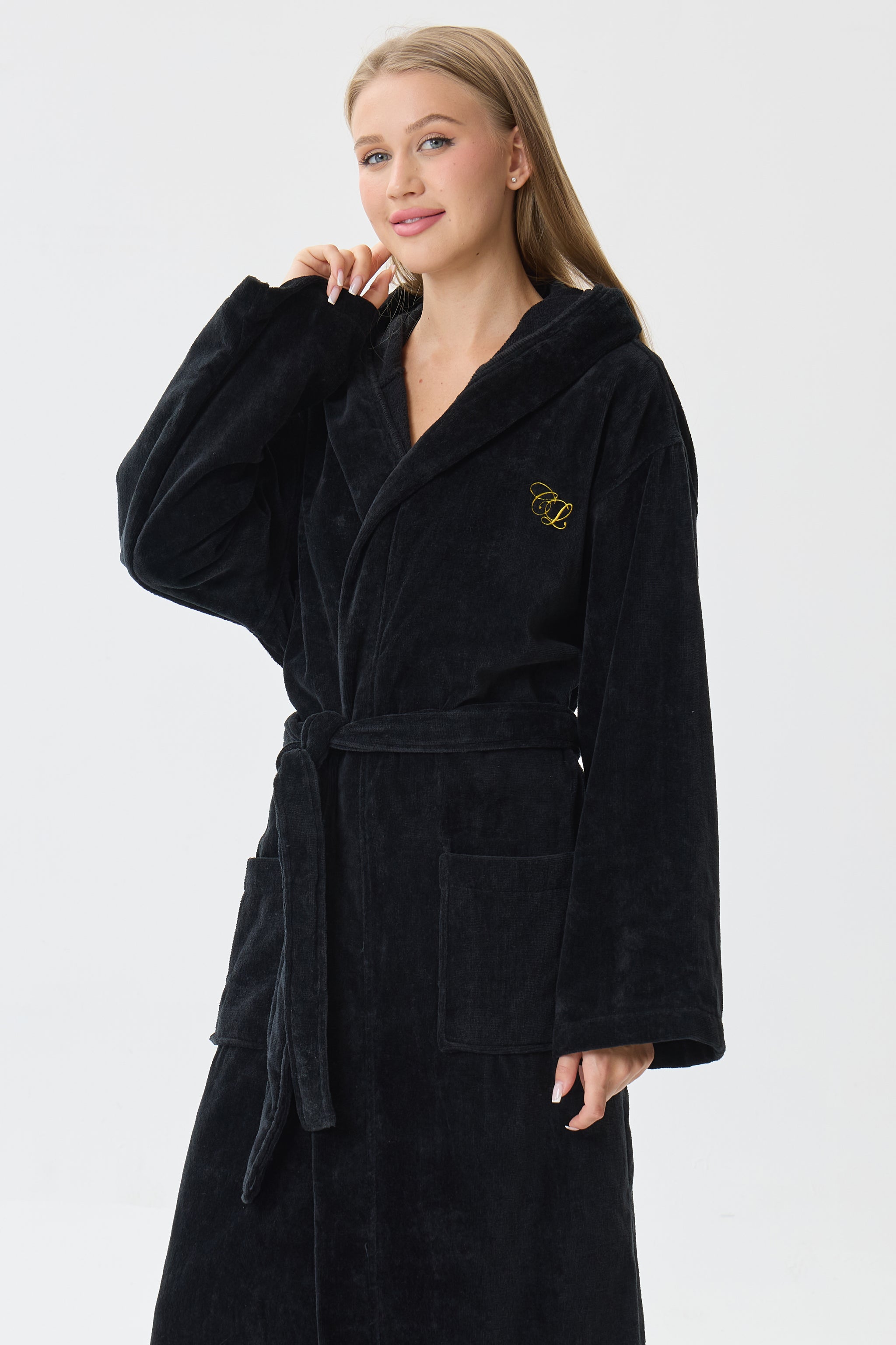 Noir Luxe Hooded Turkish Cotton Spa Bathrobe - Crescentt