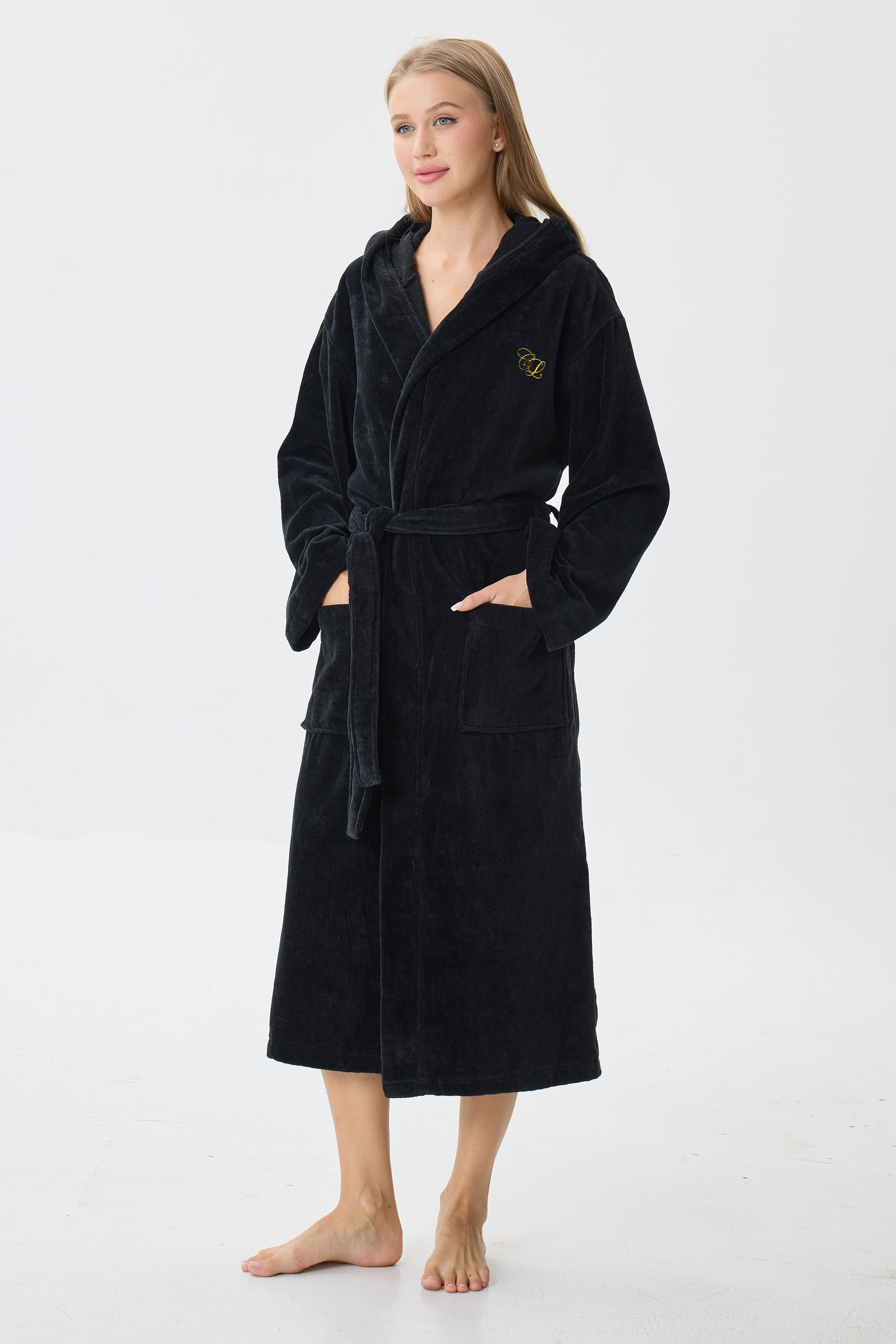 Noir Luxe Hooded Turkish Cotton Spa Bathrobe - Crescentt