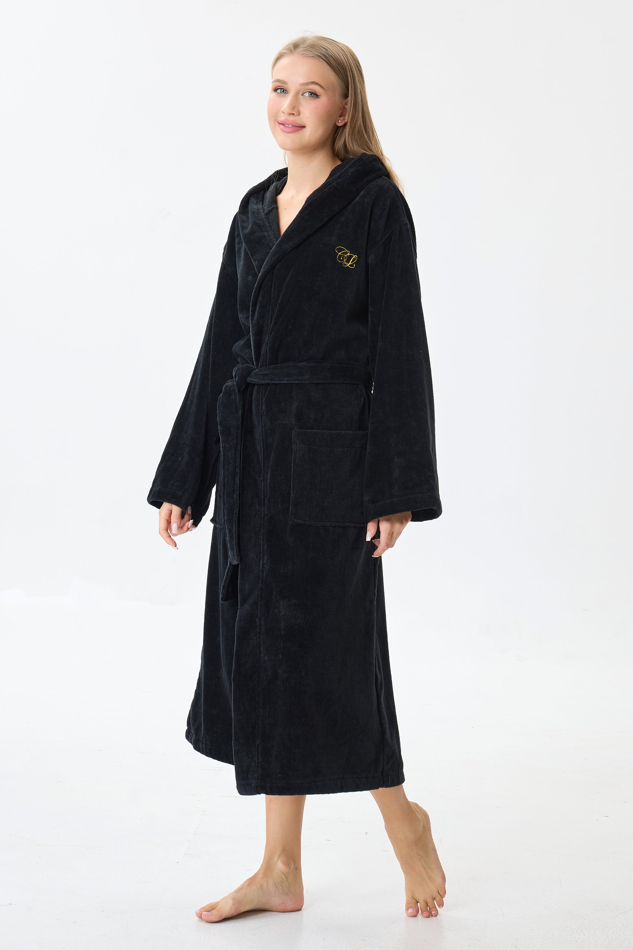 Noir Luxe Hooded Turkish Cotton Spa Bathrobe - Crescentt