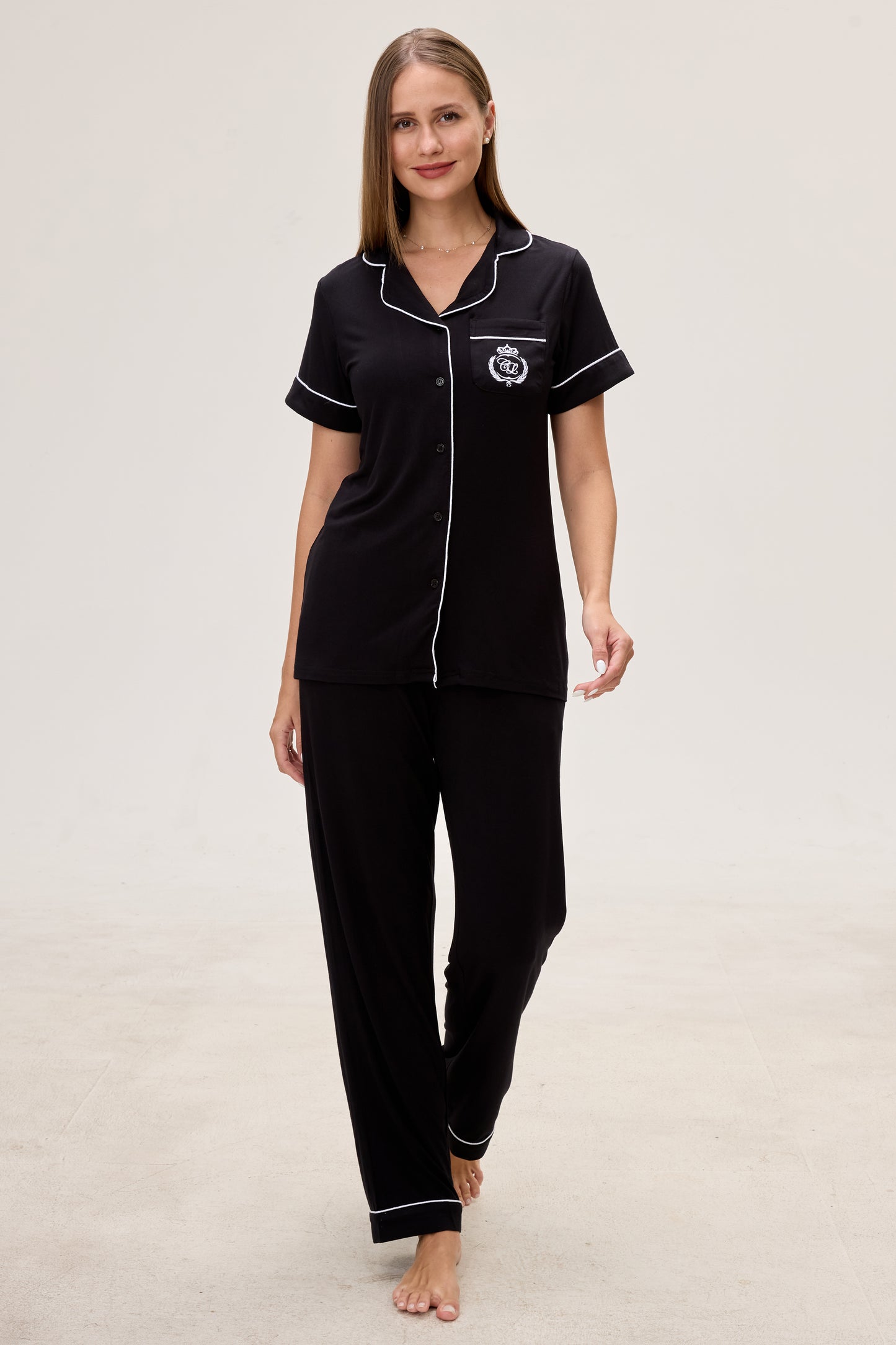 Royal Black Bamboo Silk™ Pajama Set – Short Sleeve & Pants