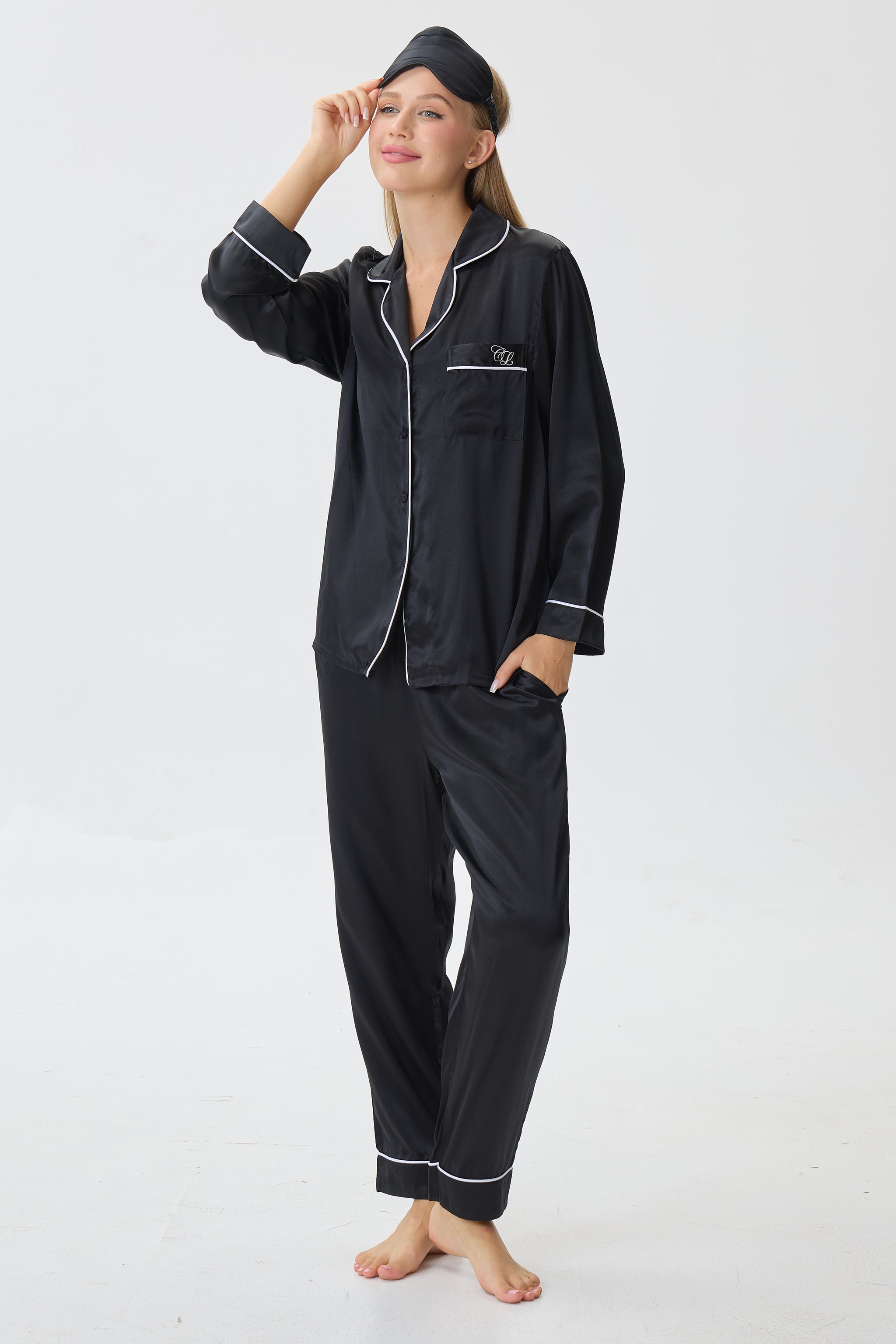 Onyx Emery™ Mulberry Silk Pajama Set + Eye Mask + Scrunchie - Crescentt