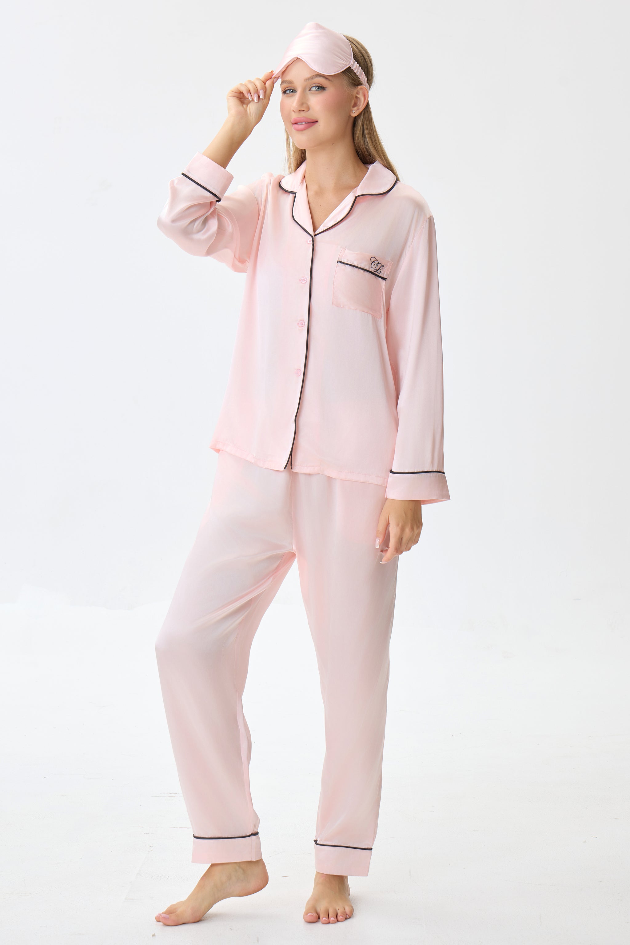 Blush Pink Emery™ Mulberry Silk Pajama Set + Eye Mask + Scrunchie - Crescentt