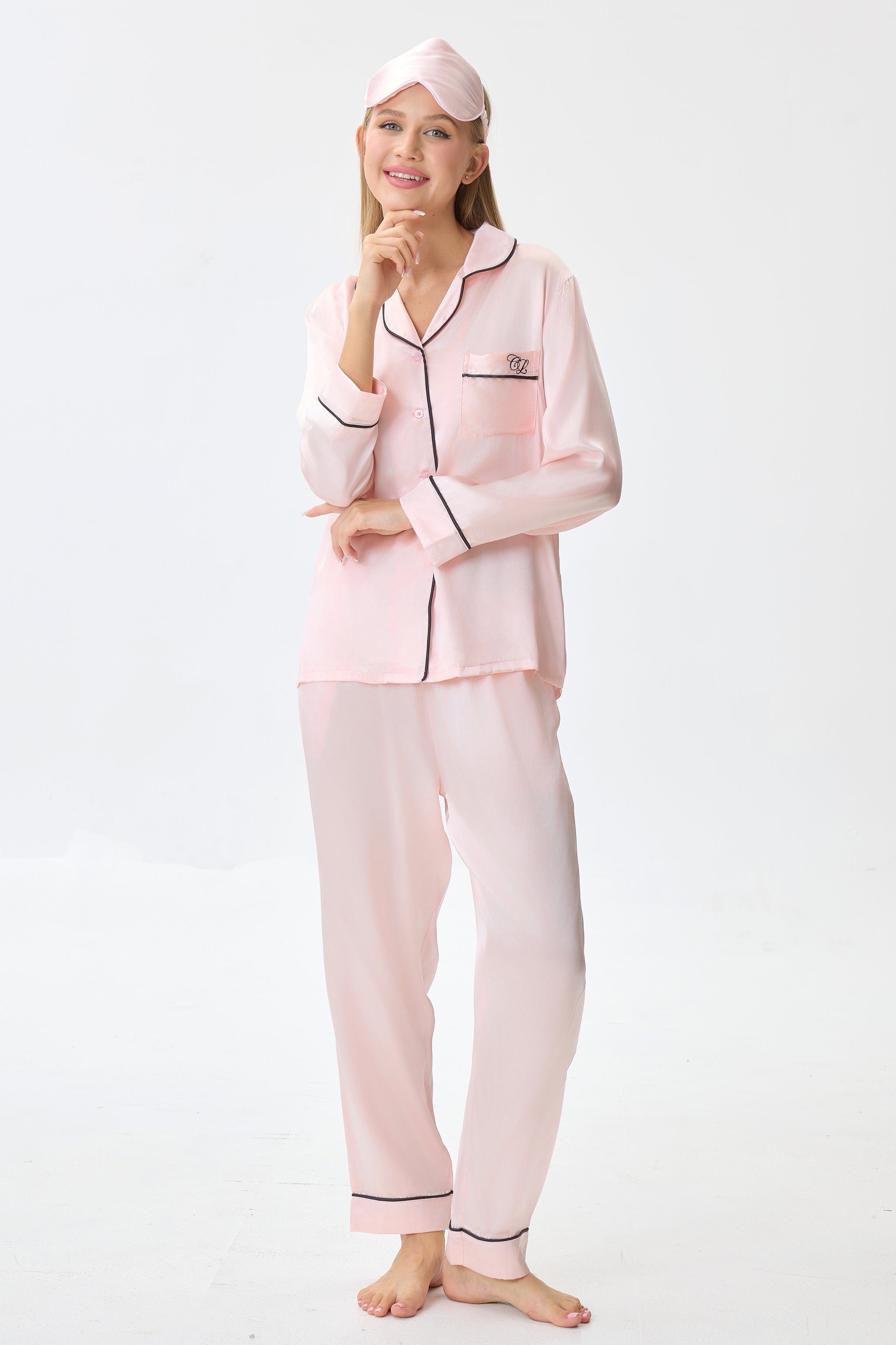 Blush Pink Emery™ Mulberry Silk Pajama Set + Eye Mask + Scrunchie - Crescentt