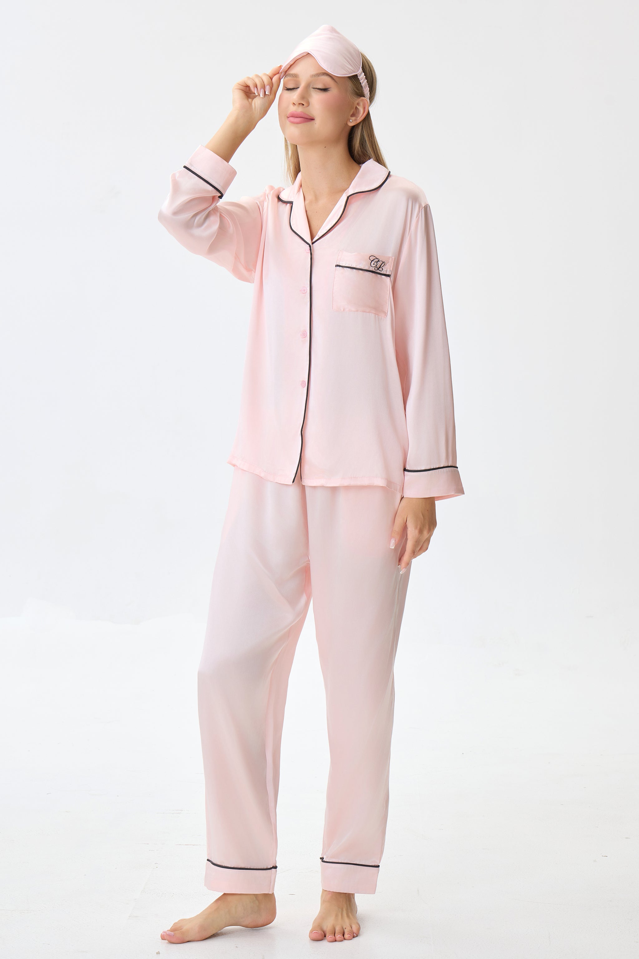 Blush Pink Emery™ Mulberry Silk Pajama Set + Eye Mask + Scrunchie - Crescentt