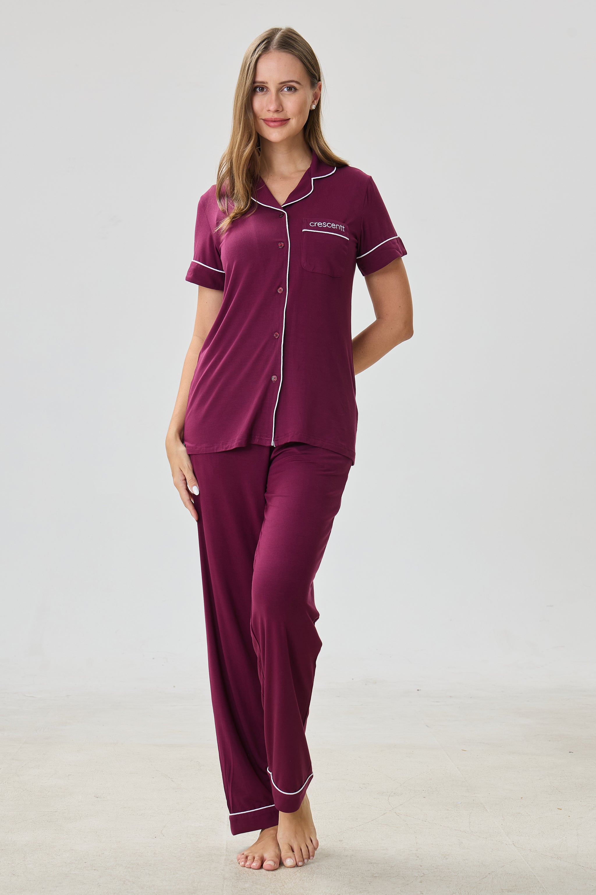 Bordeaux Luxe Modal Silk™ Pajama Set – Short Sleeve & Pants - Crescentt