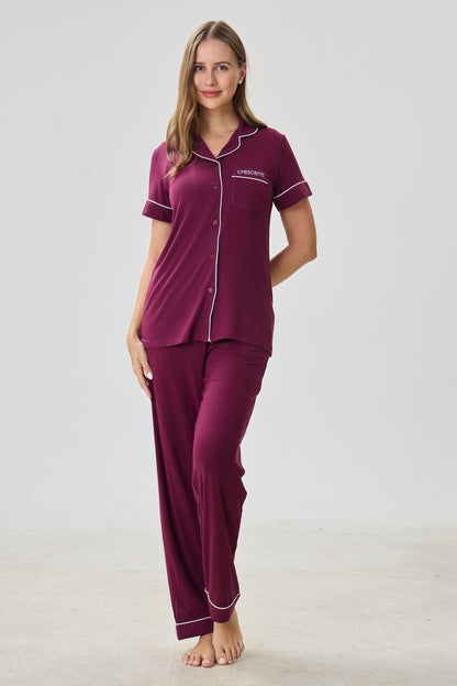 Bordeaux Luxe Modal Silk™ Pajama Set – Short Sleeve & Pants