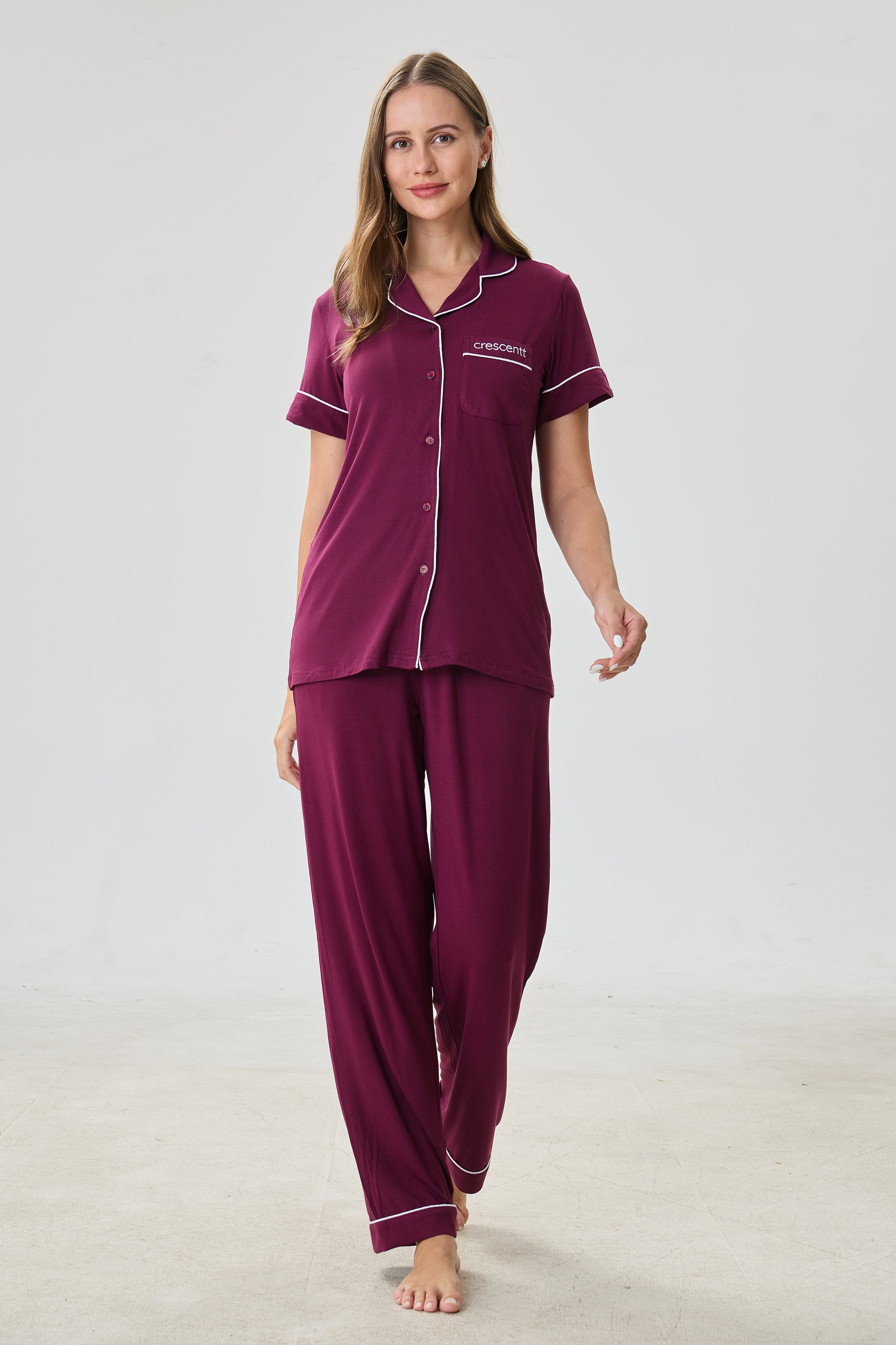 Bordeaux Luxe Modal Silk™ Pajama Set – Short Sleeve & Pants - Crescentt